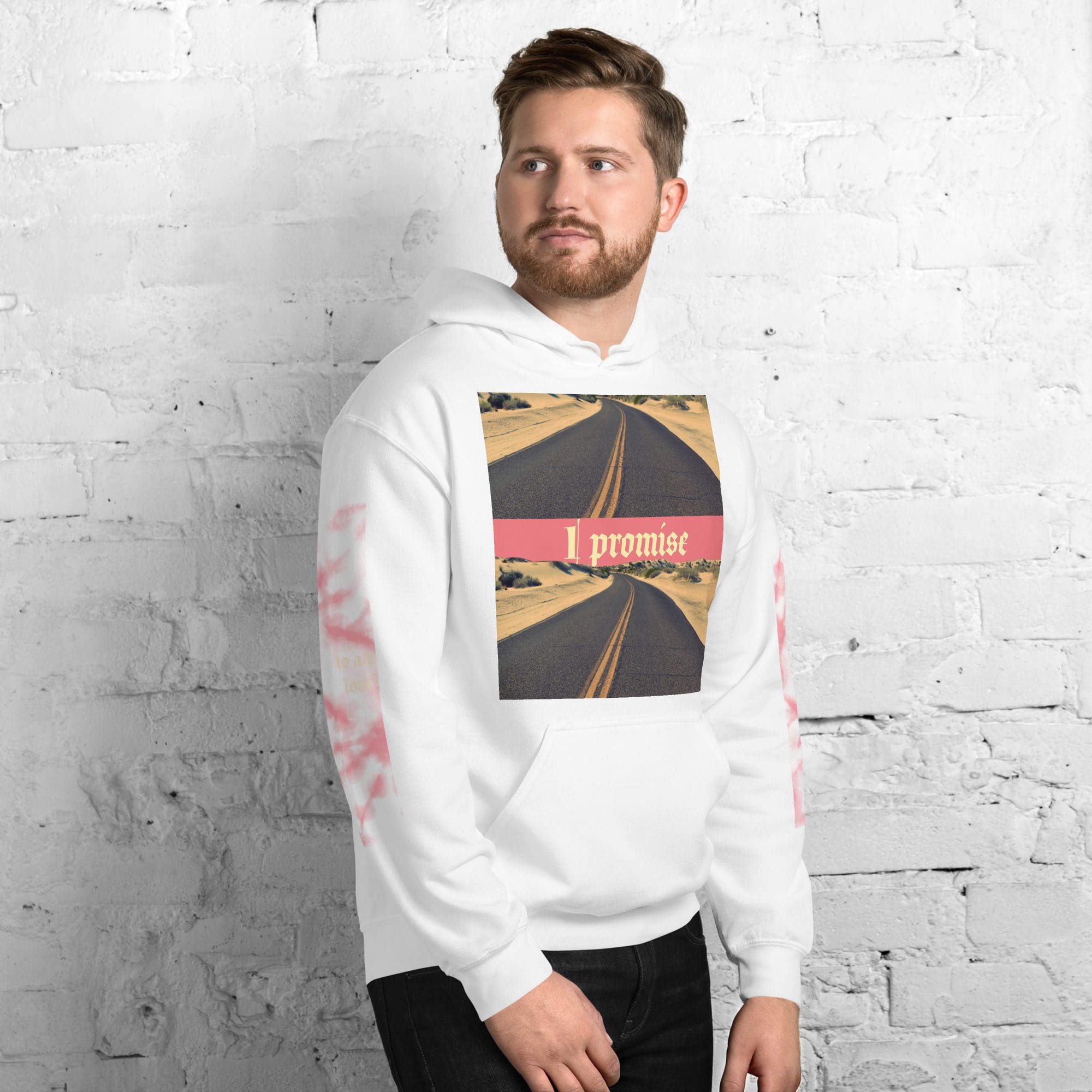 Man wearing white hoodie with road print.