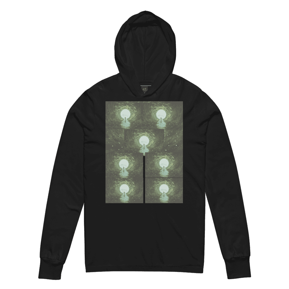 Black hoodie with abstract geometric design.