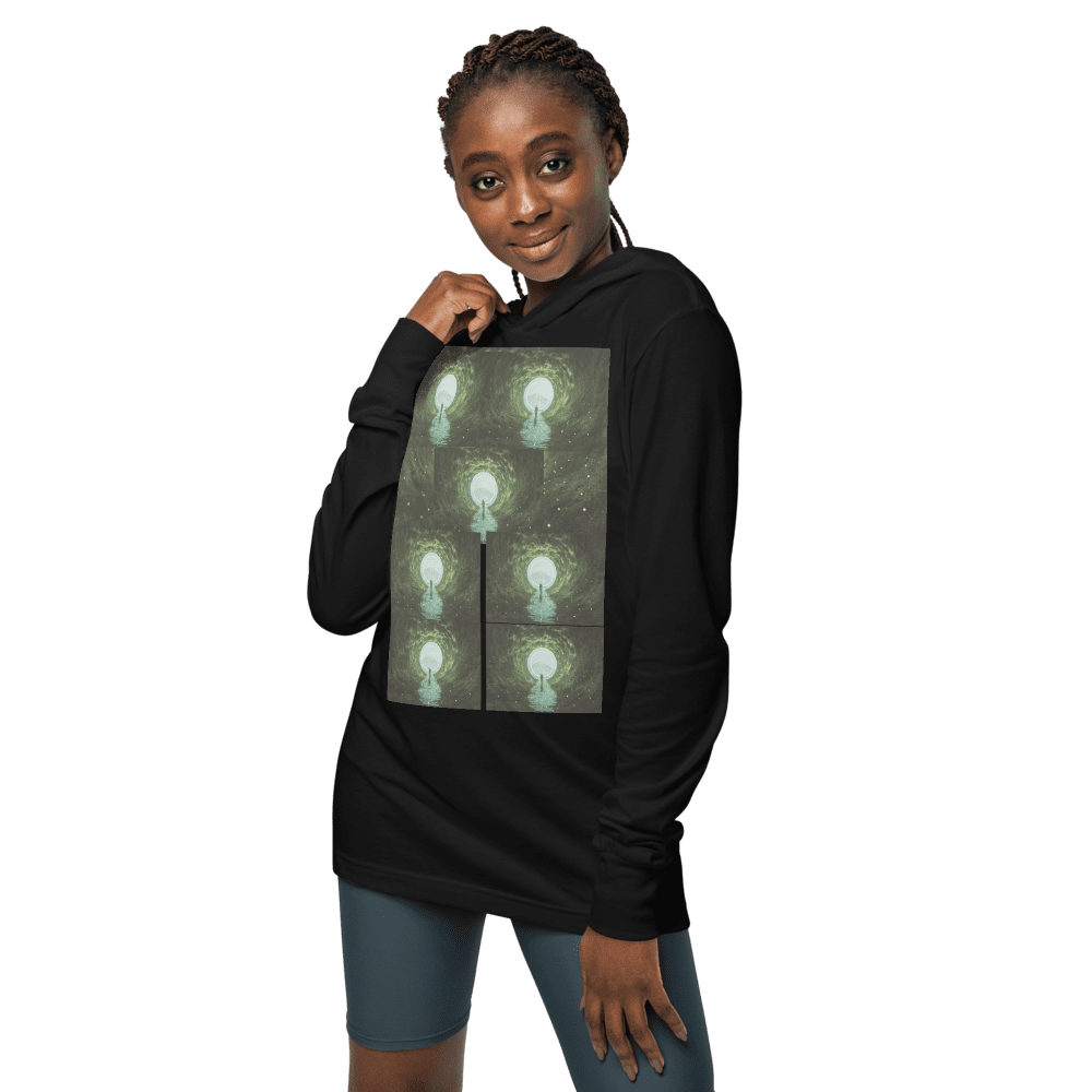 Person wearing black hoodie with lightbulb design.