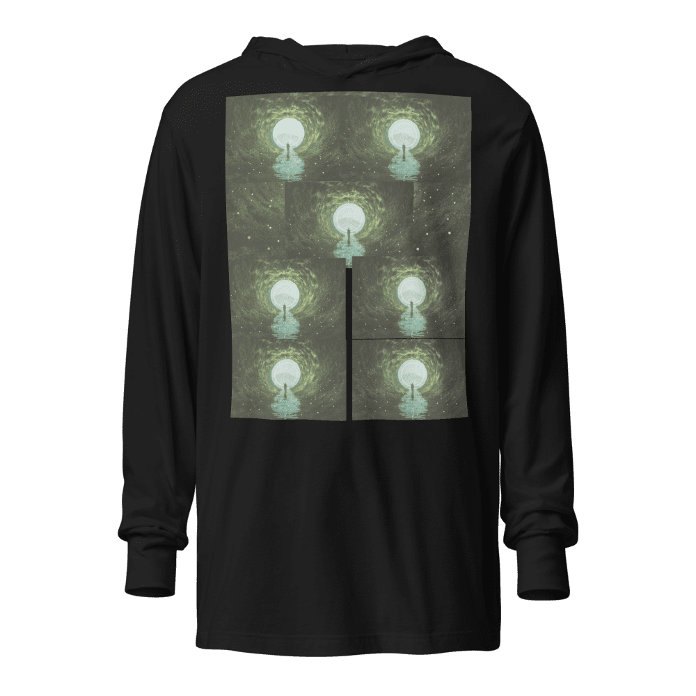 Black shirt with abstract light bulb design.