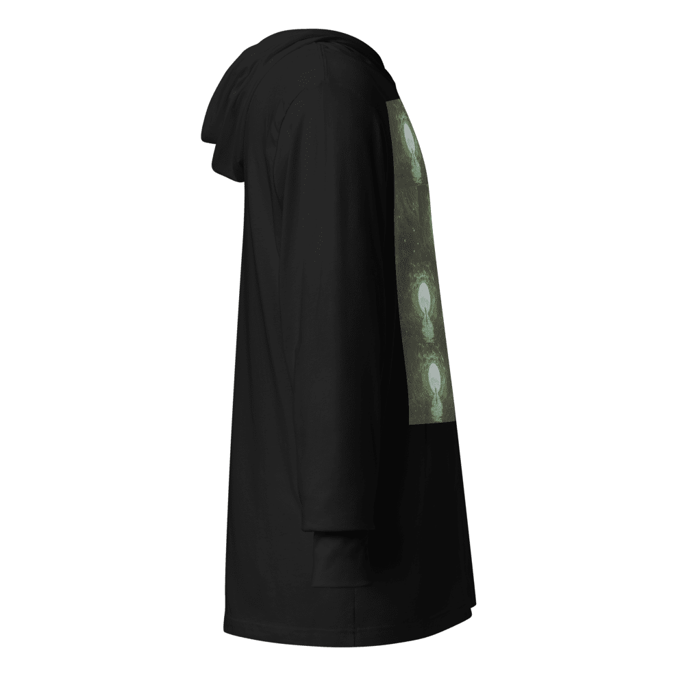 Black hoodie with a side graphic design.