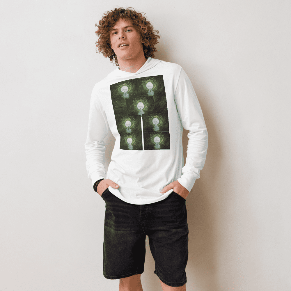 Man wearing hoodie with geometric design.