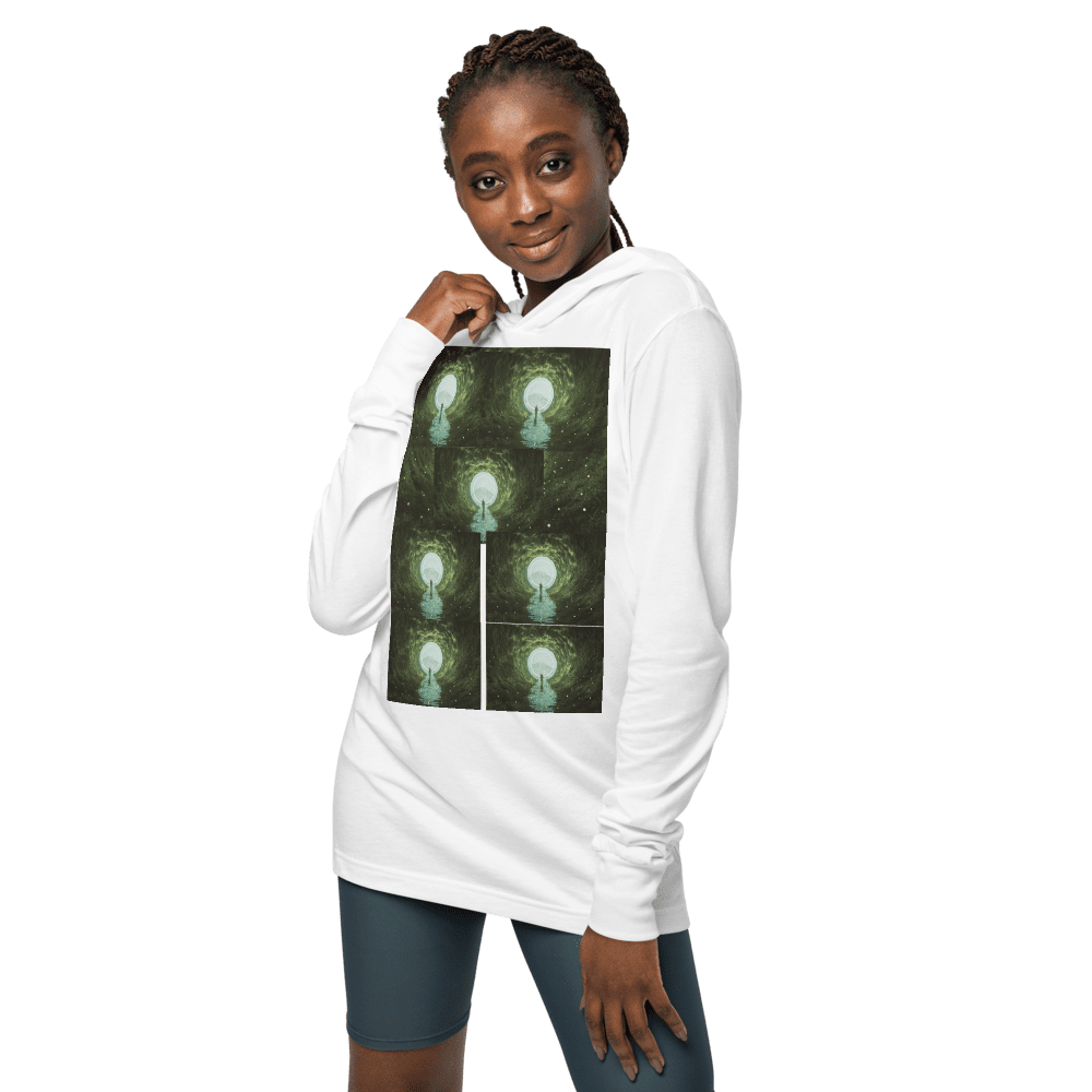 Woman in white hoodie with graphic design.