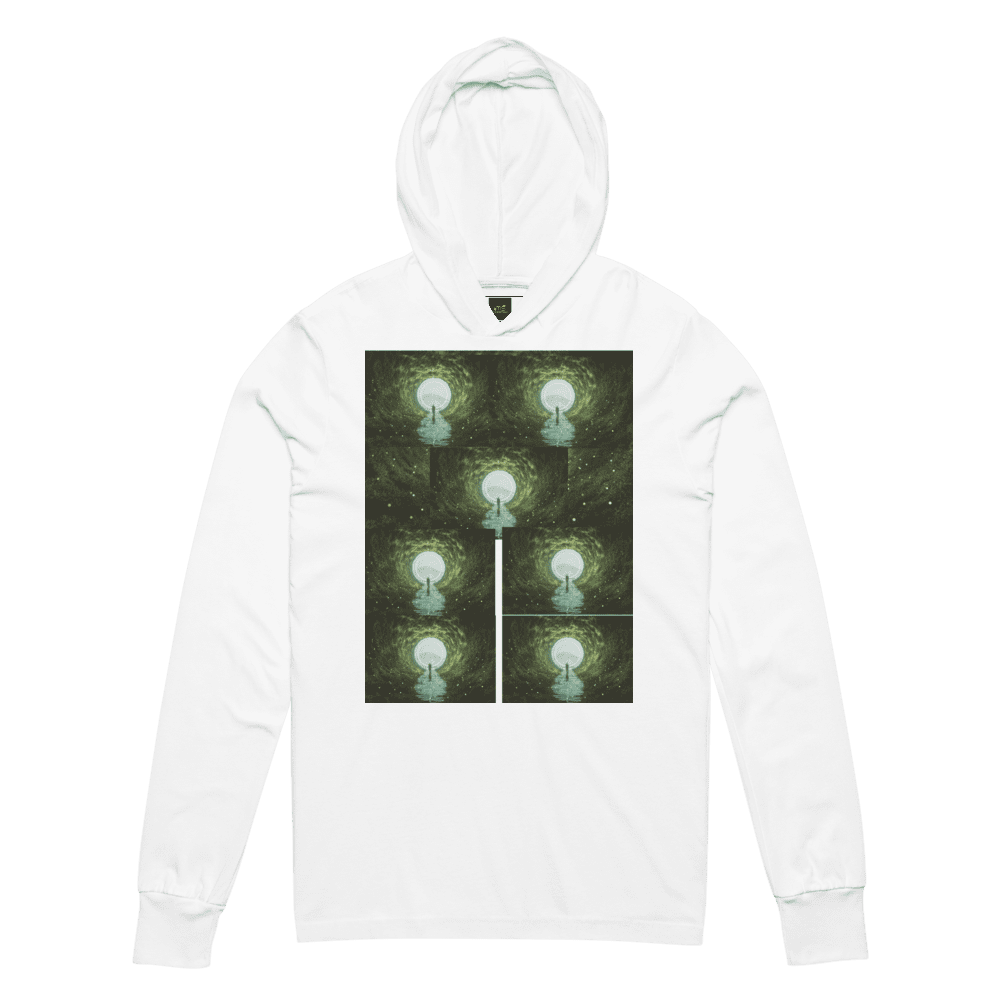 White hoodie with abstract green circular design.