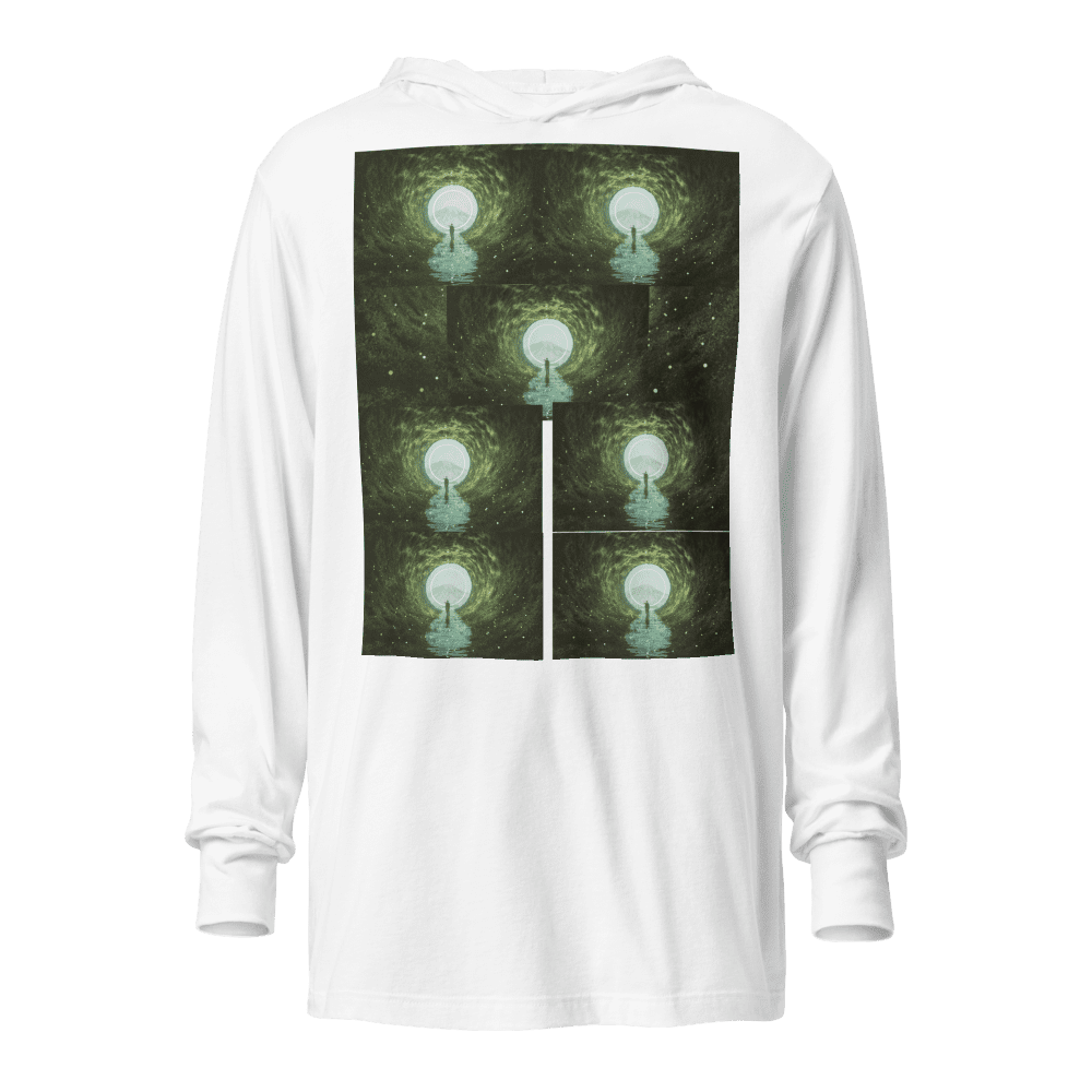 White hoodie with abstract graphic design.