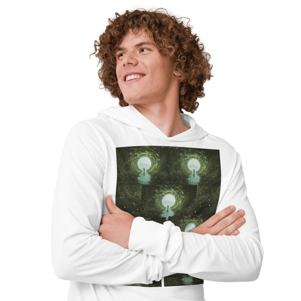 Person wearing hoodie with abstract design.