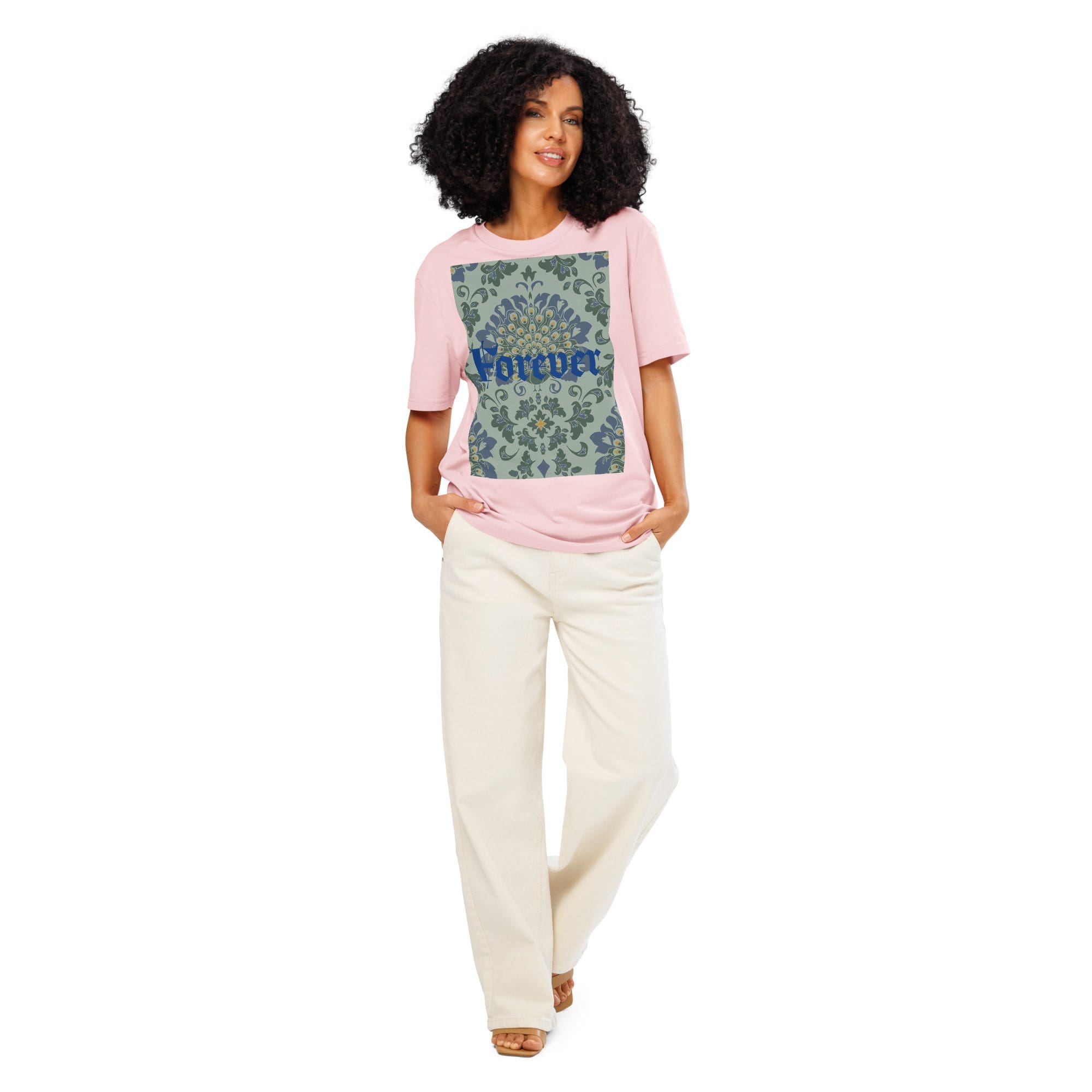 Woman in pink shirt and white pants.