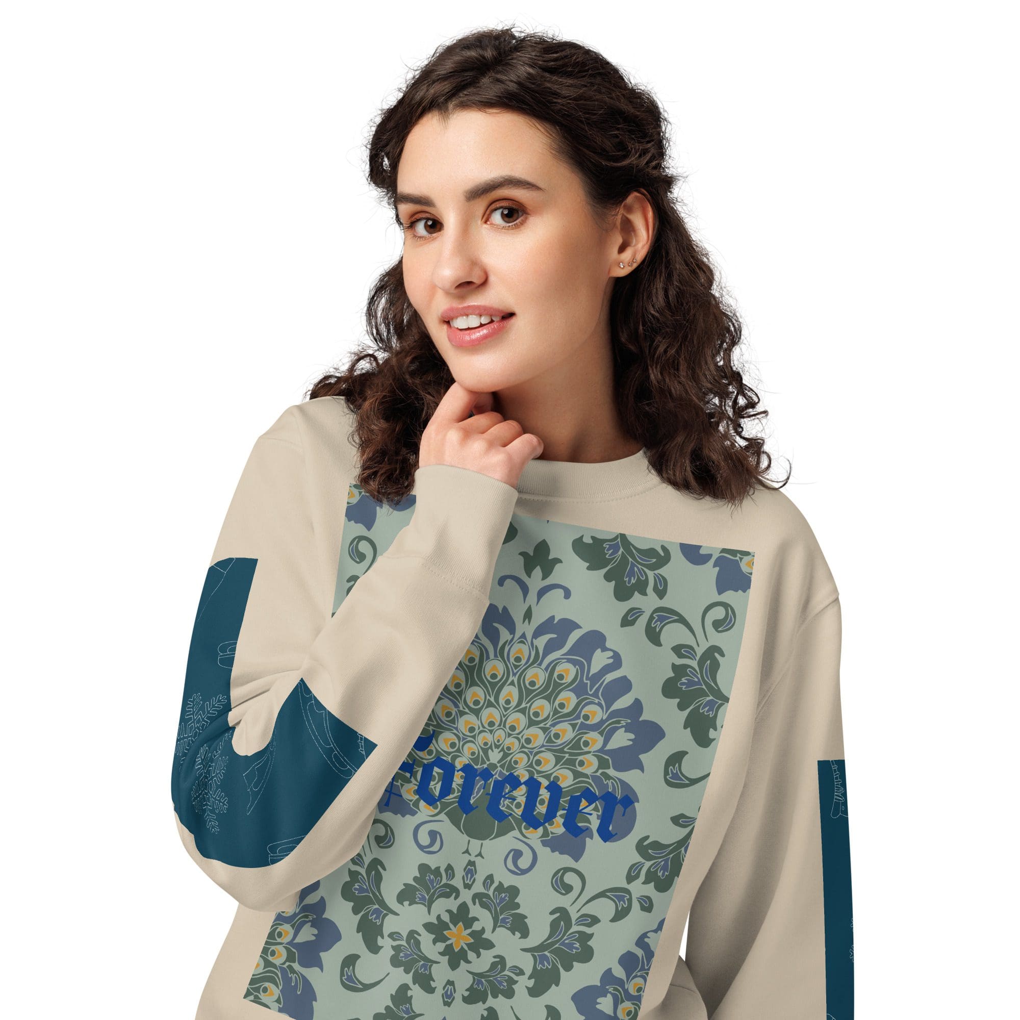 Woman wearing patterned sweater, smiling confidently.