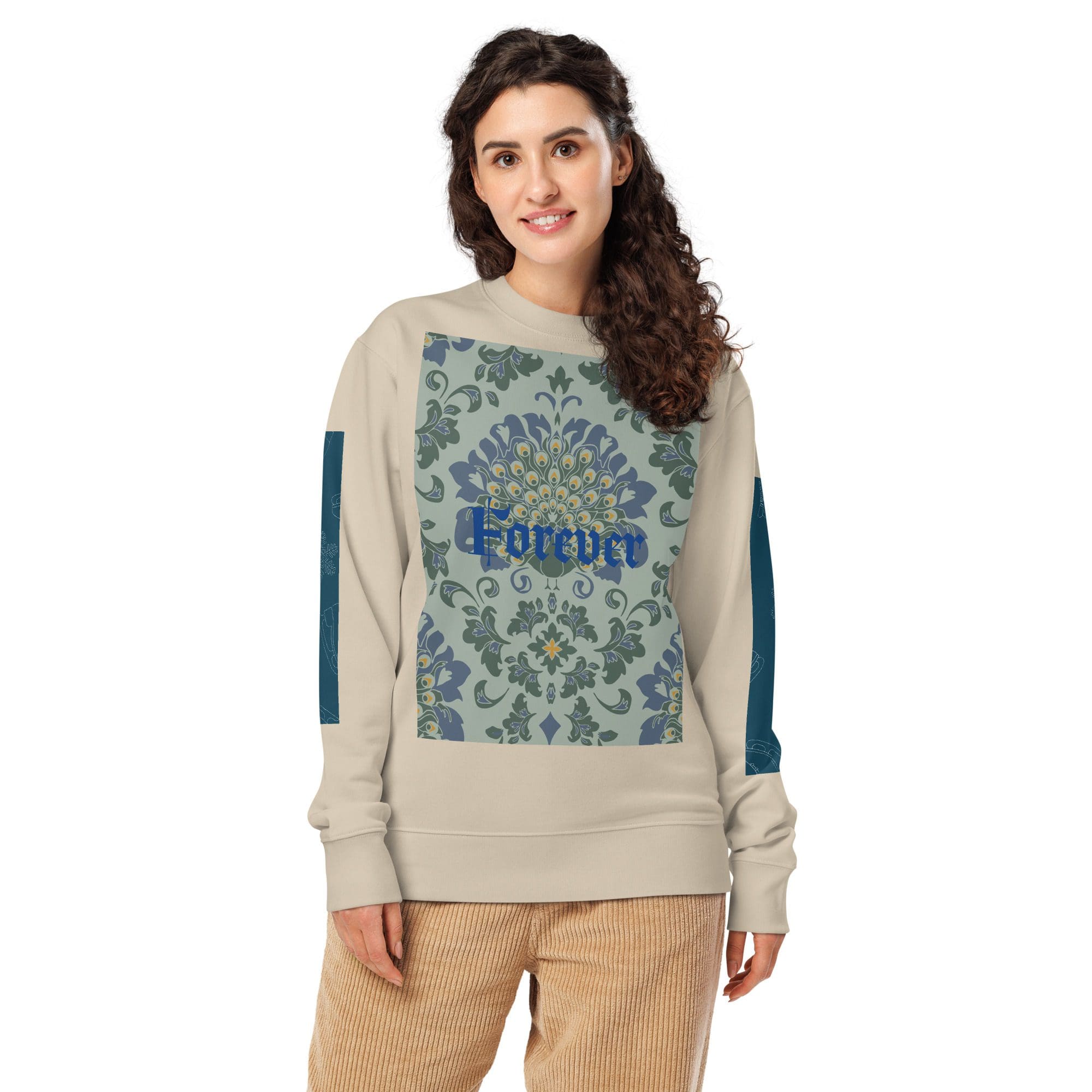 Woman wearing "Forever" floral patterned sweatshirt.