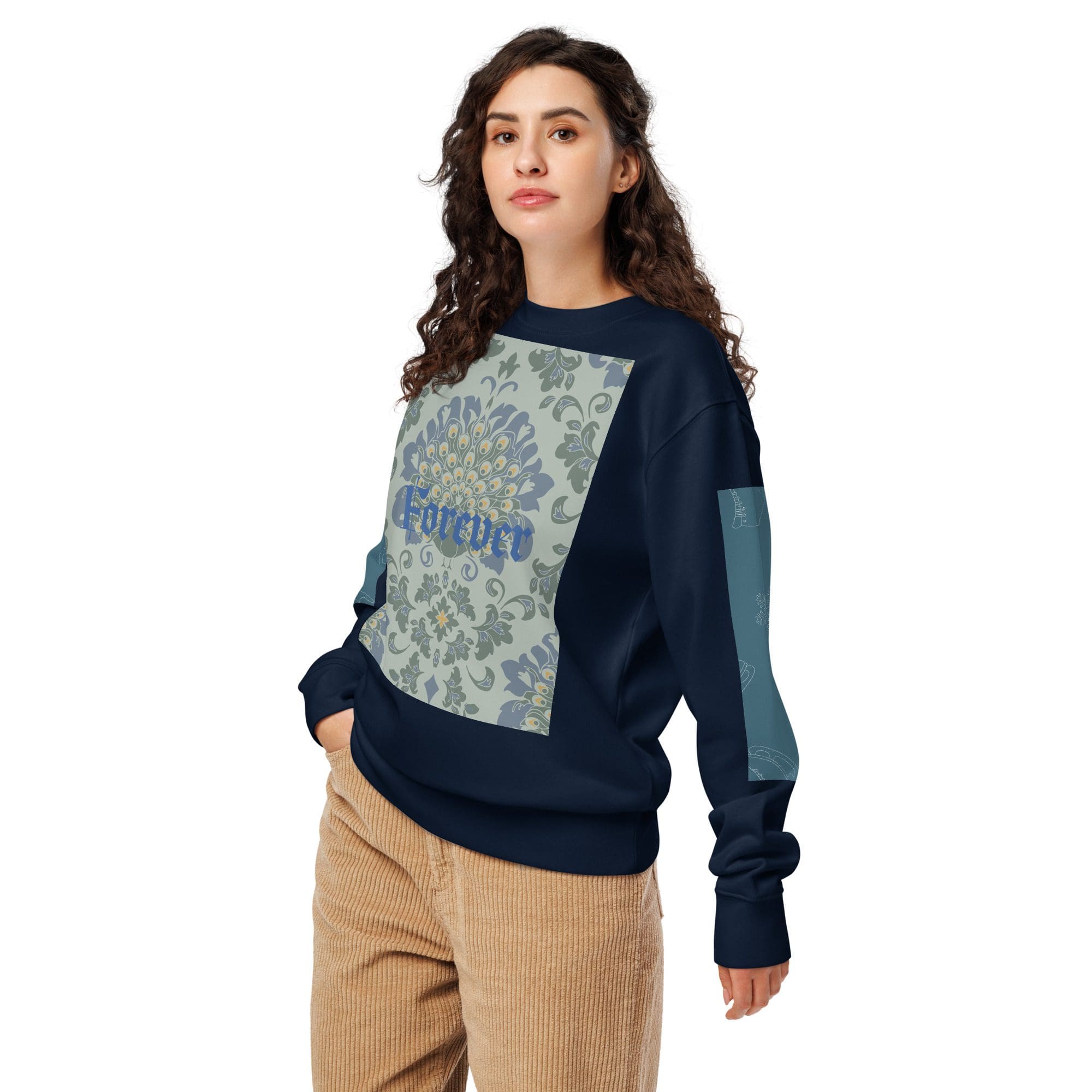 Woman wearing patterned navy sweatshirt and pants.