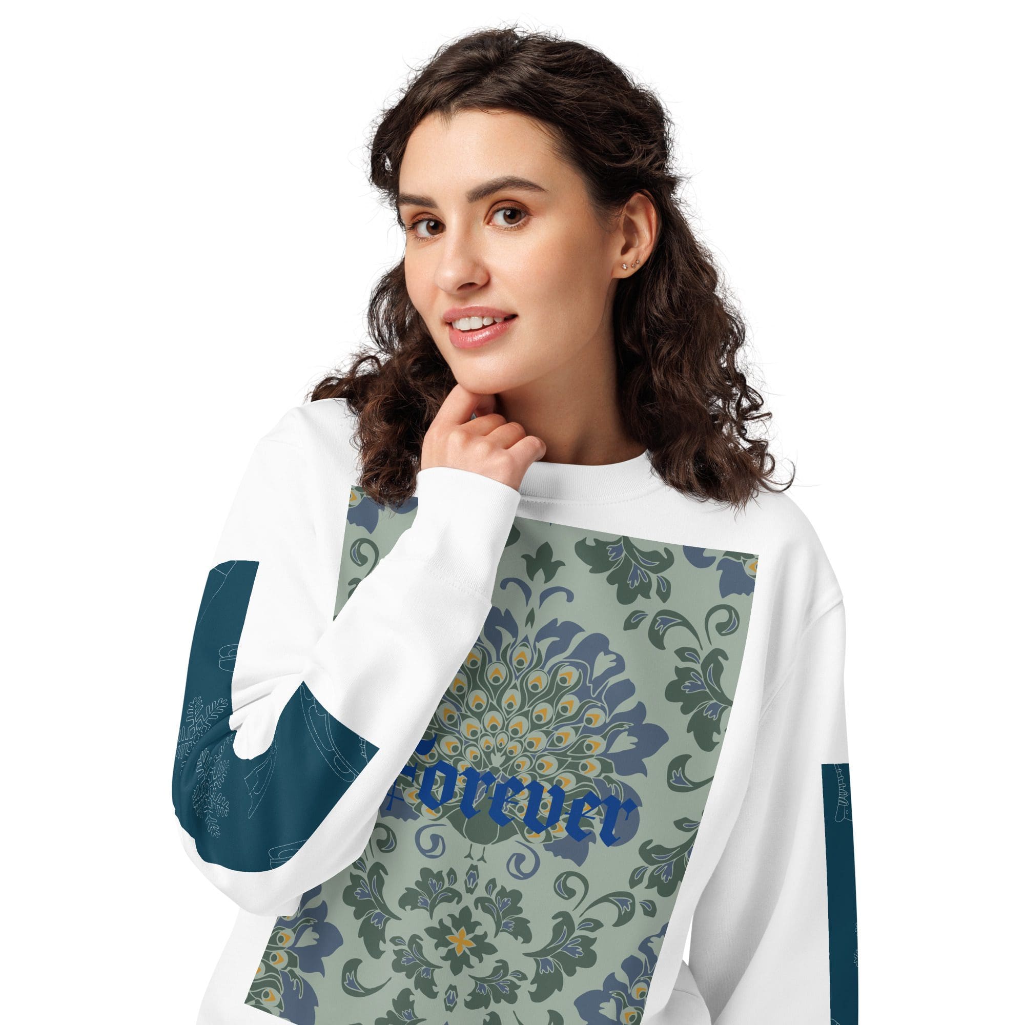 Woman wearing floral-patterned white sweatshirt.