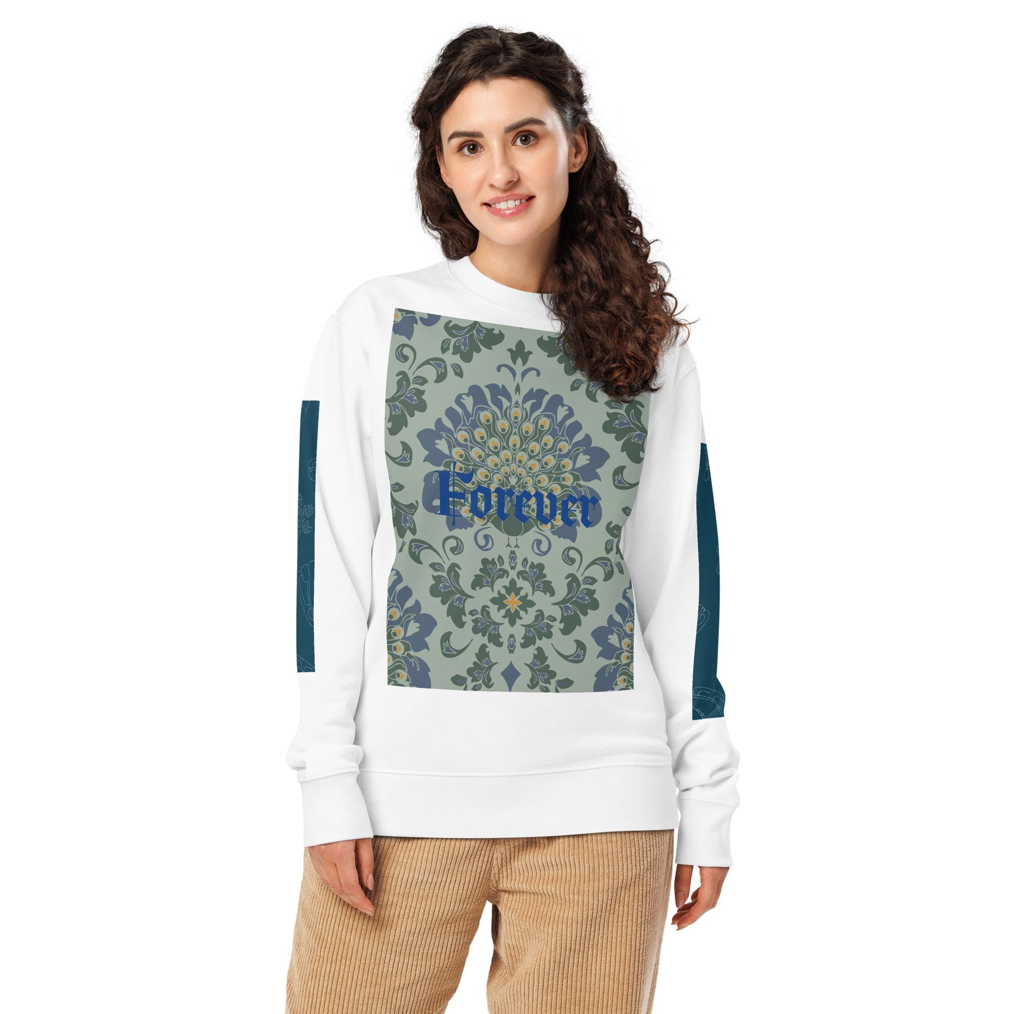 Woman in floral "Forever" sweatshirt, smiling.