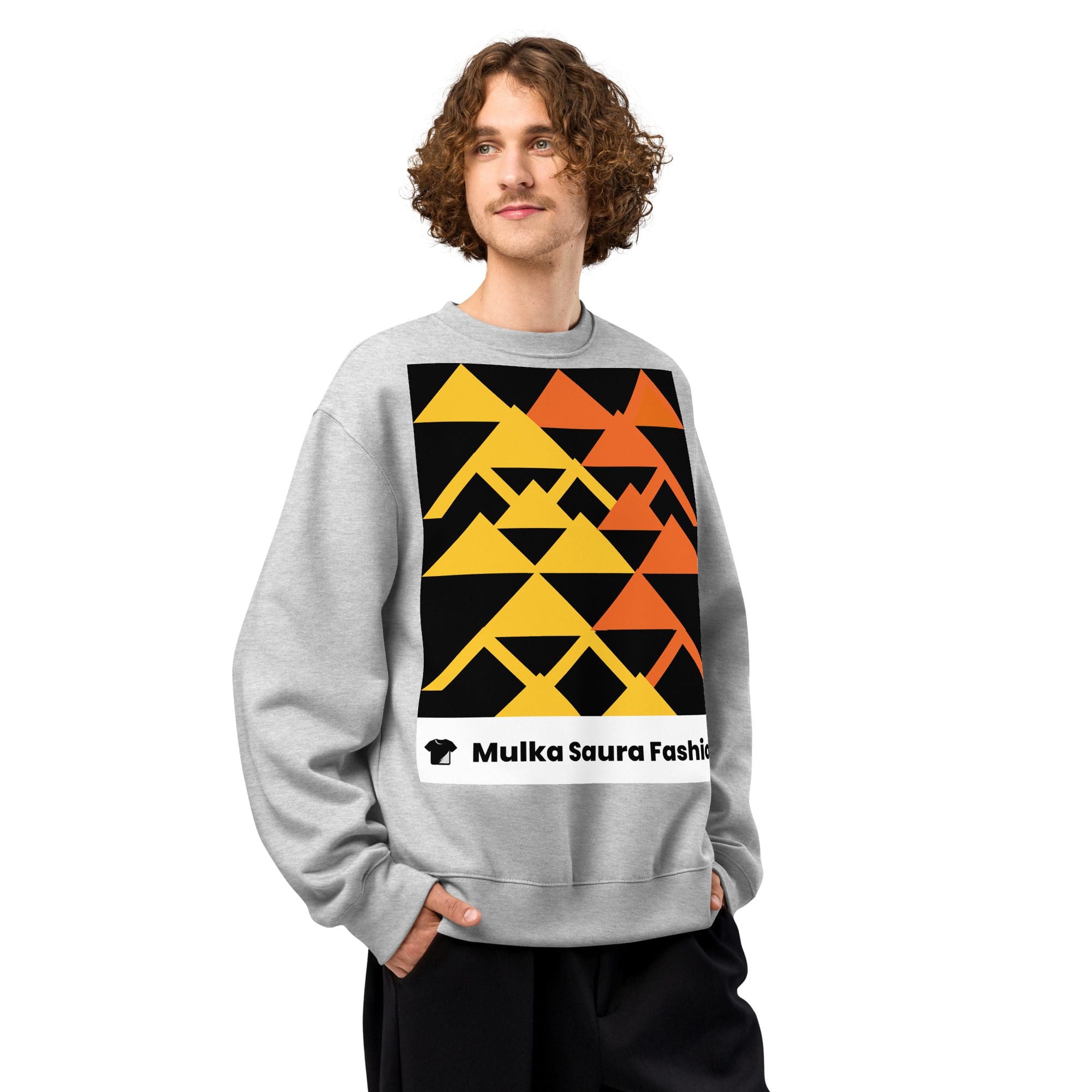 Man in geometric-patterned gray sweatshirt.