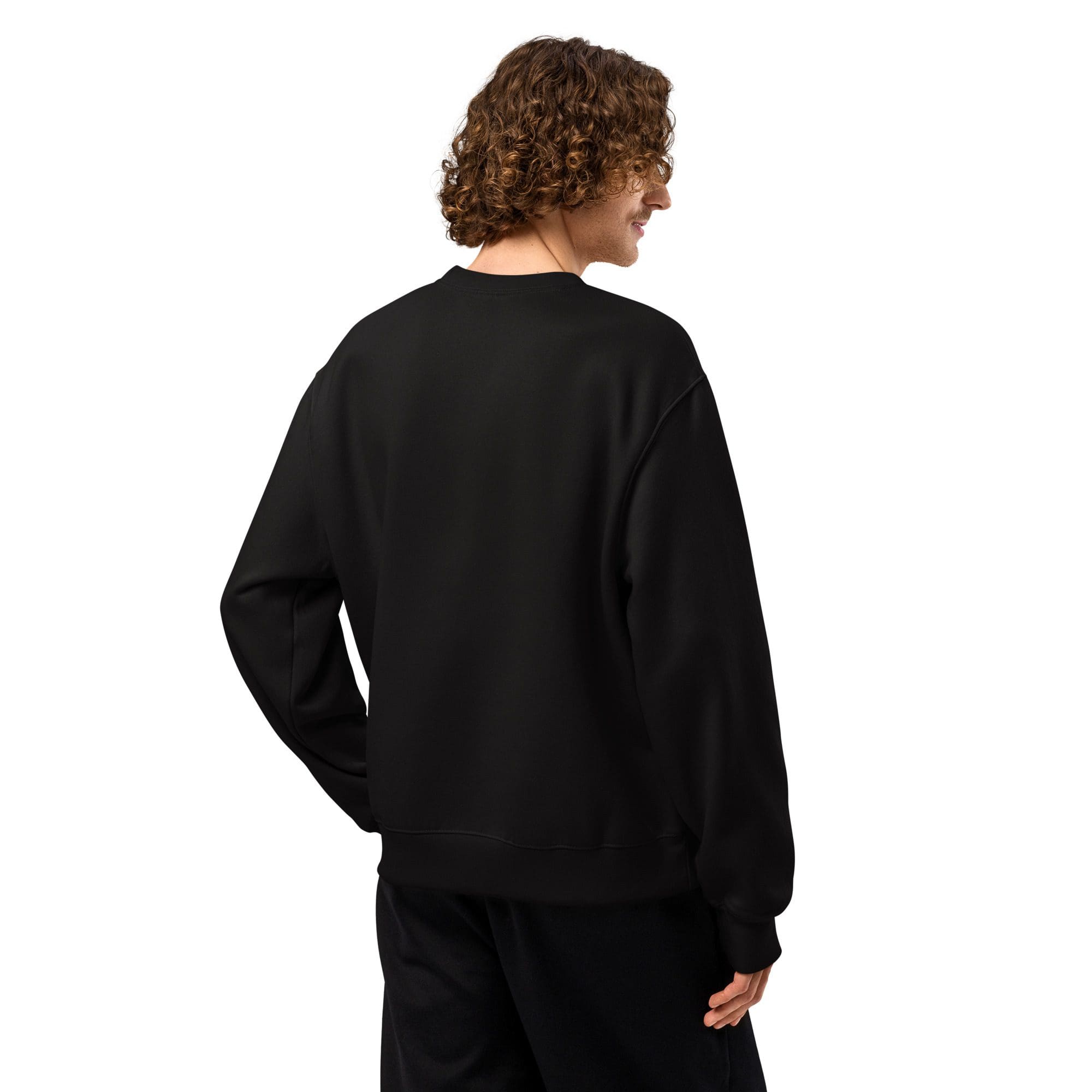Person wearing a black sweatshirt from behind.