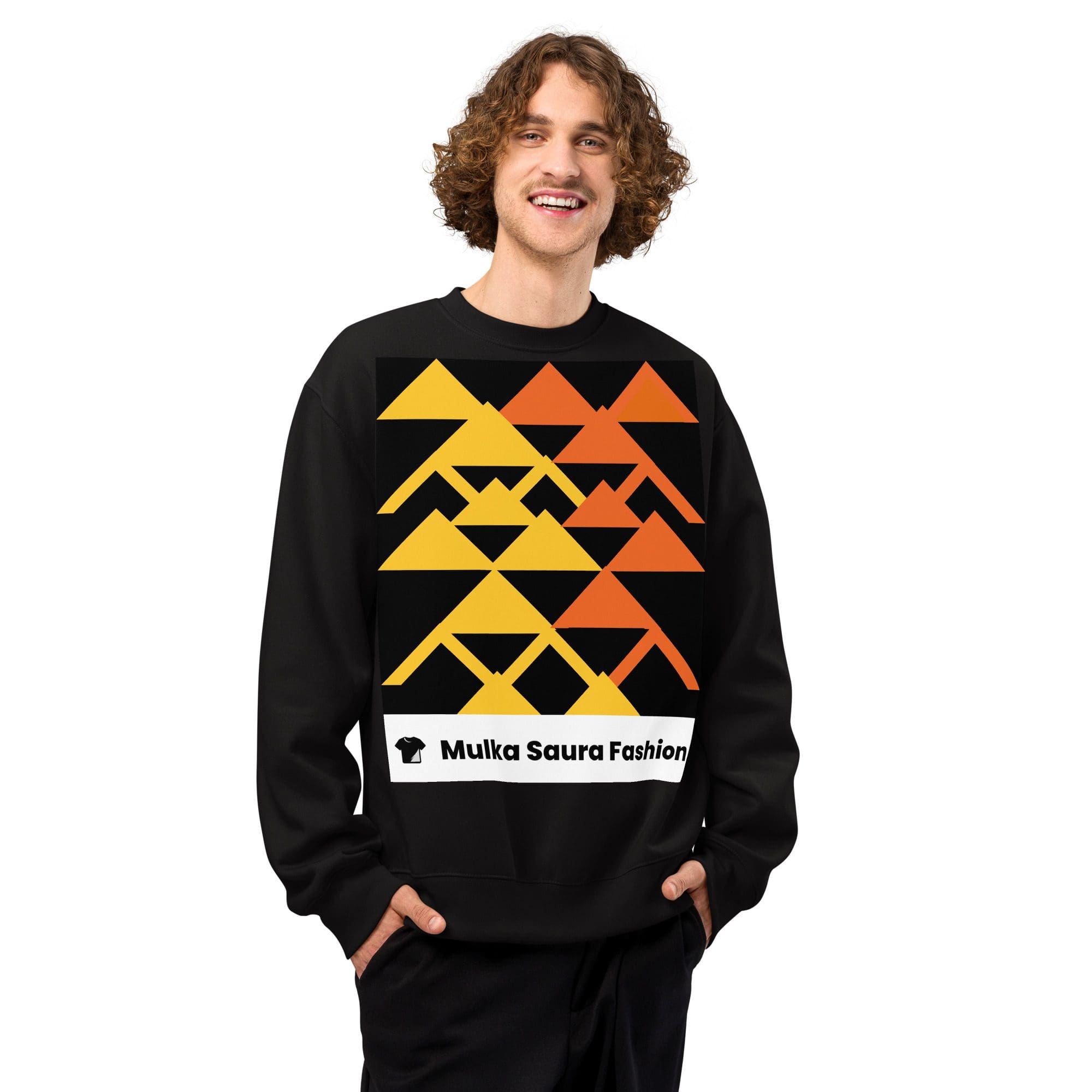 Person wearing geometric-patterned black sweater.