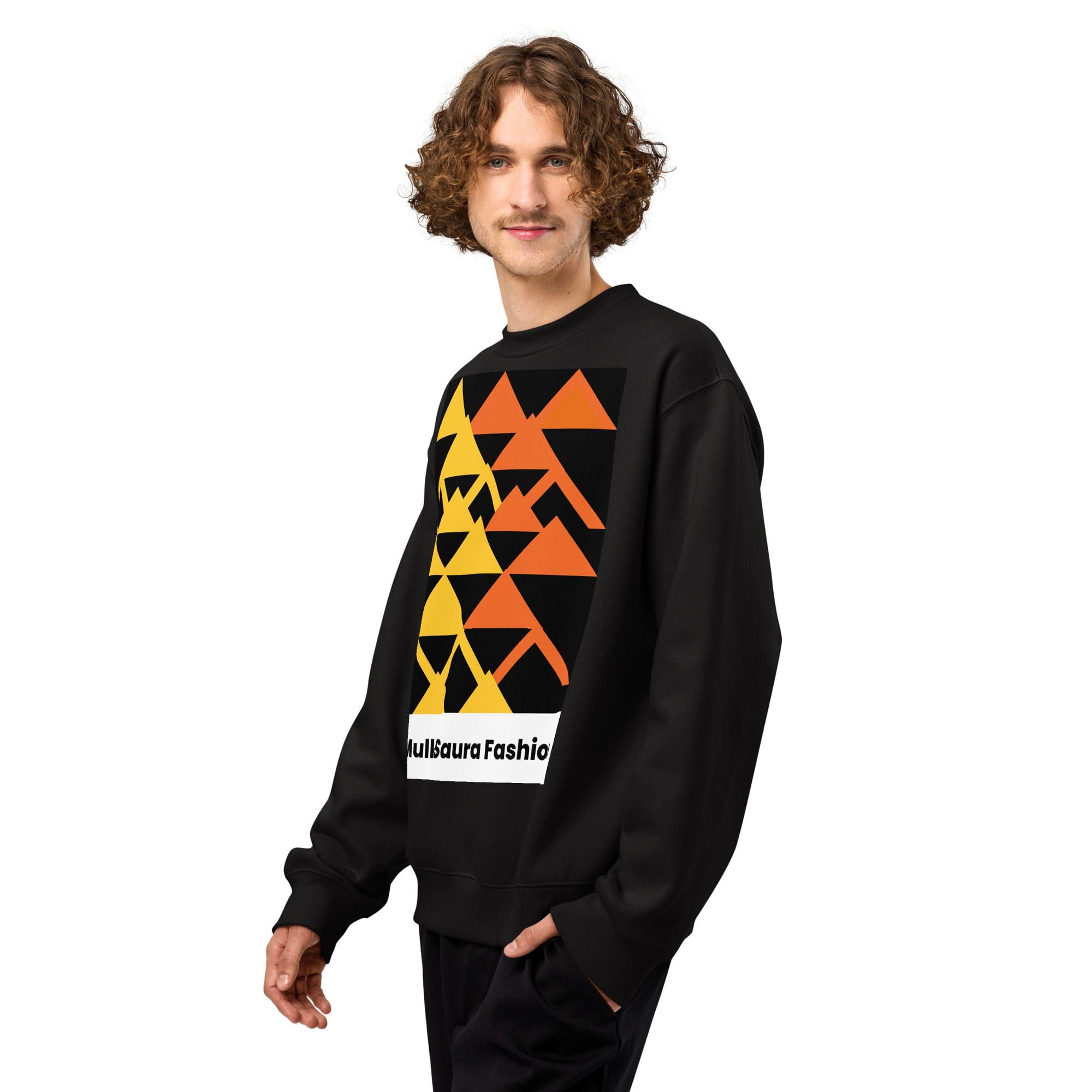 Man wearing black geometric design sweatshirt.