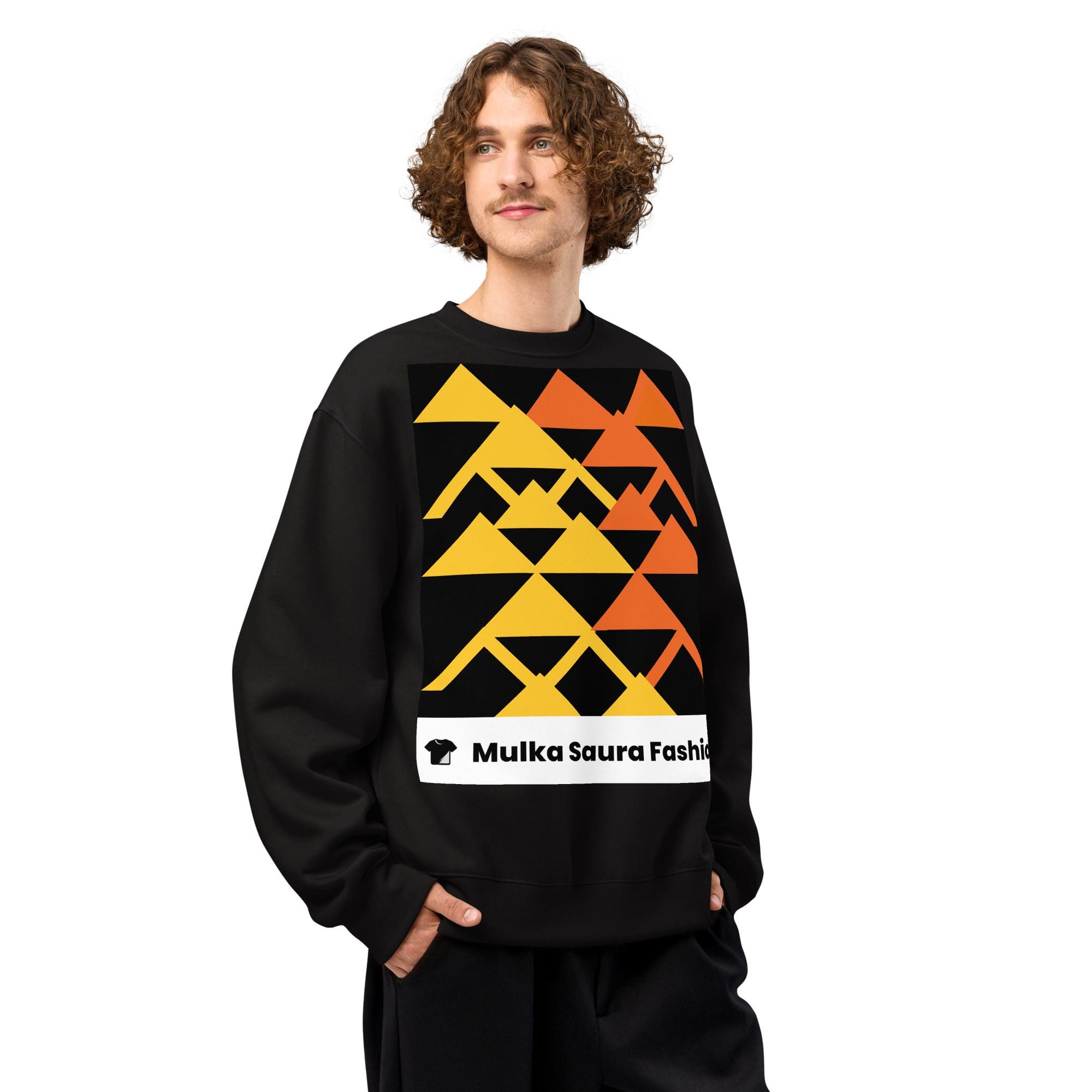 Person wearing geometric design black sweatshirt.