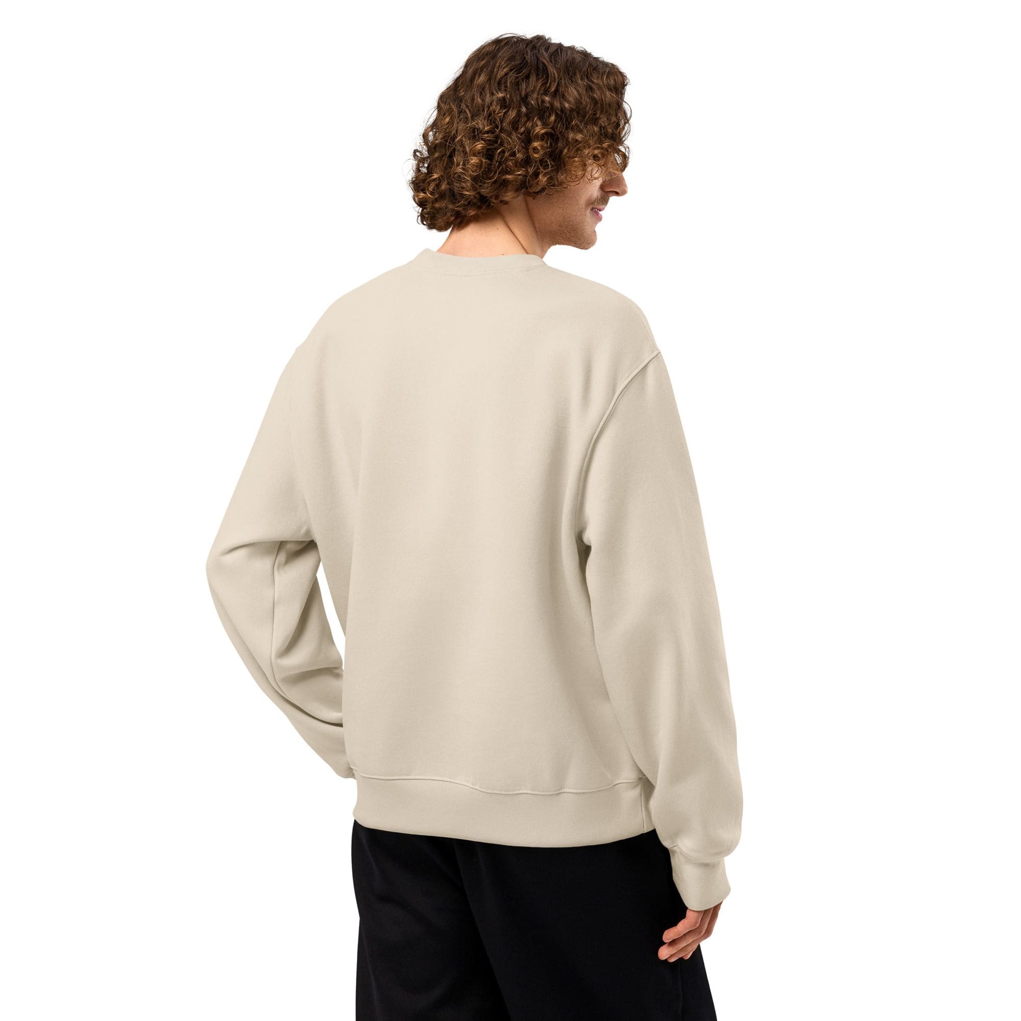 Person wearing beige sweatshirt, viewed from behind.