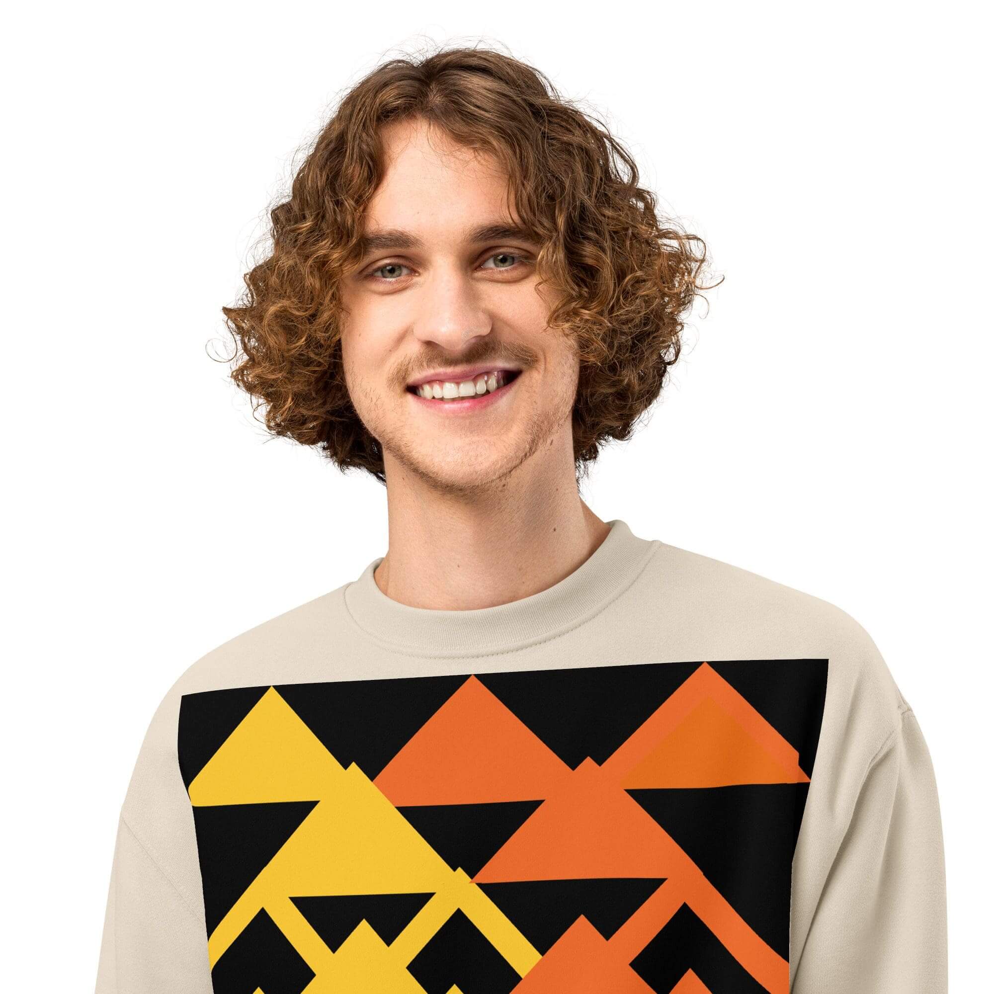 Smiling man wearing geometric patterned sweatshirt