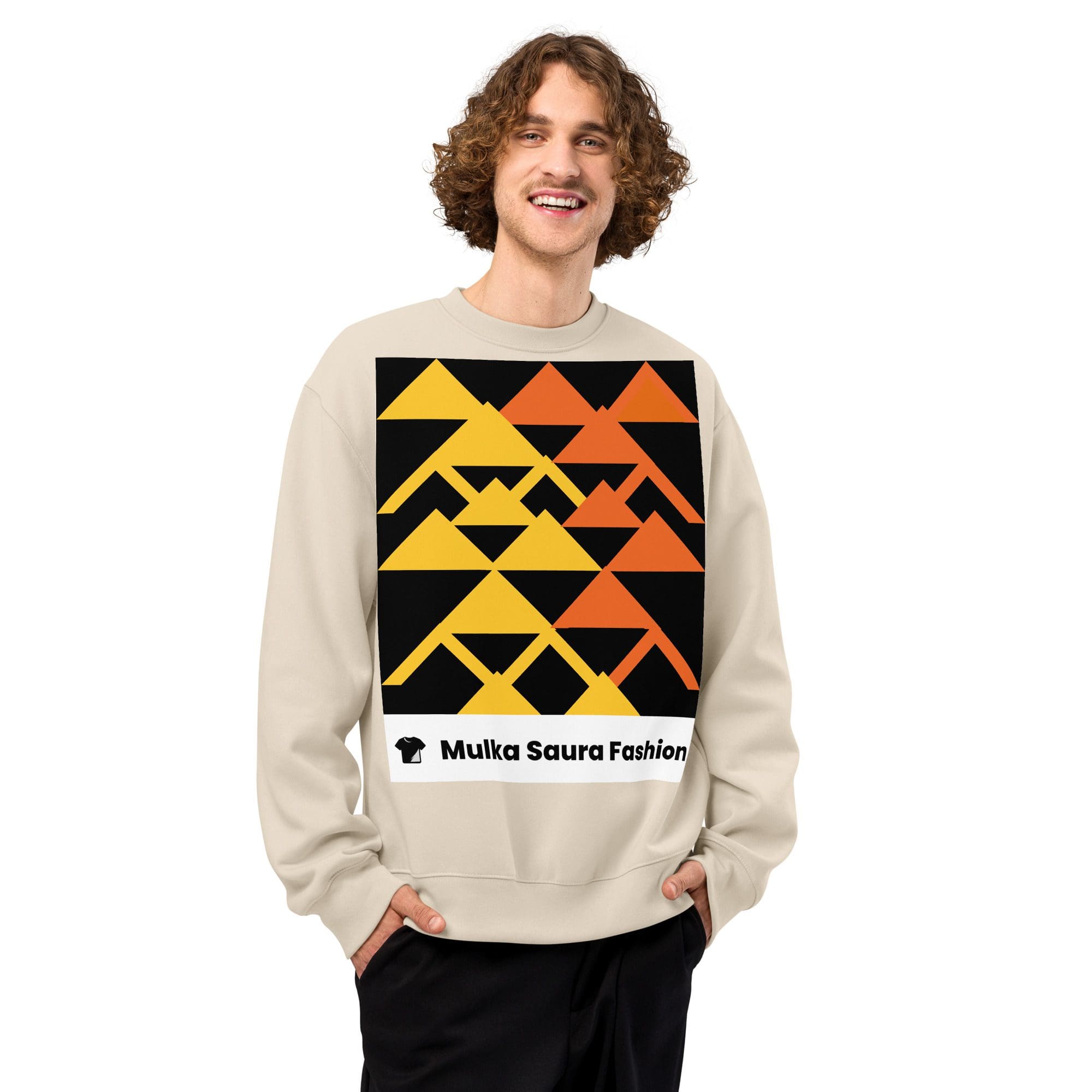 Man wearing sweatshirt with orange-yellow triangles