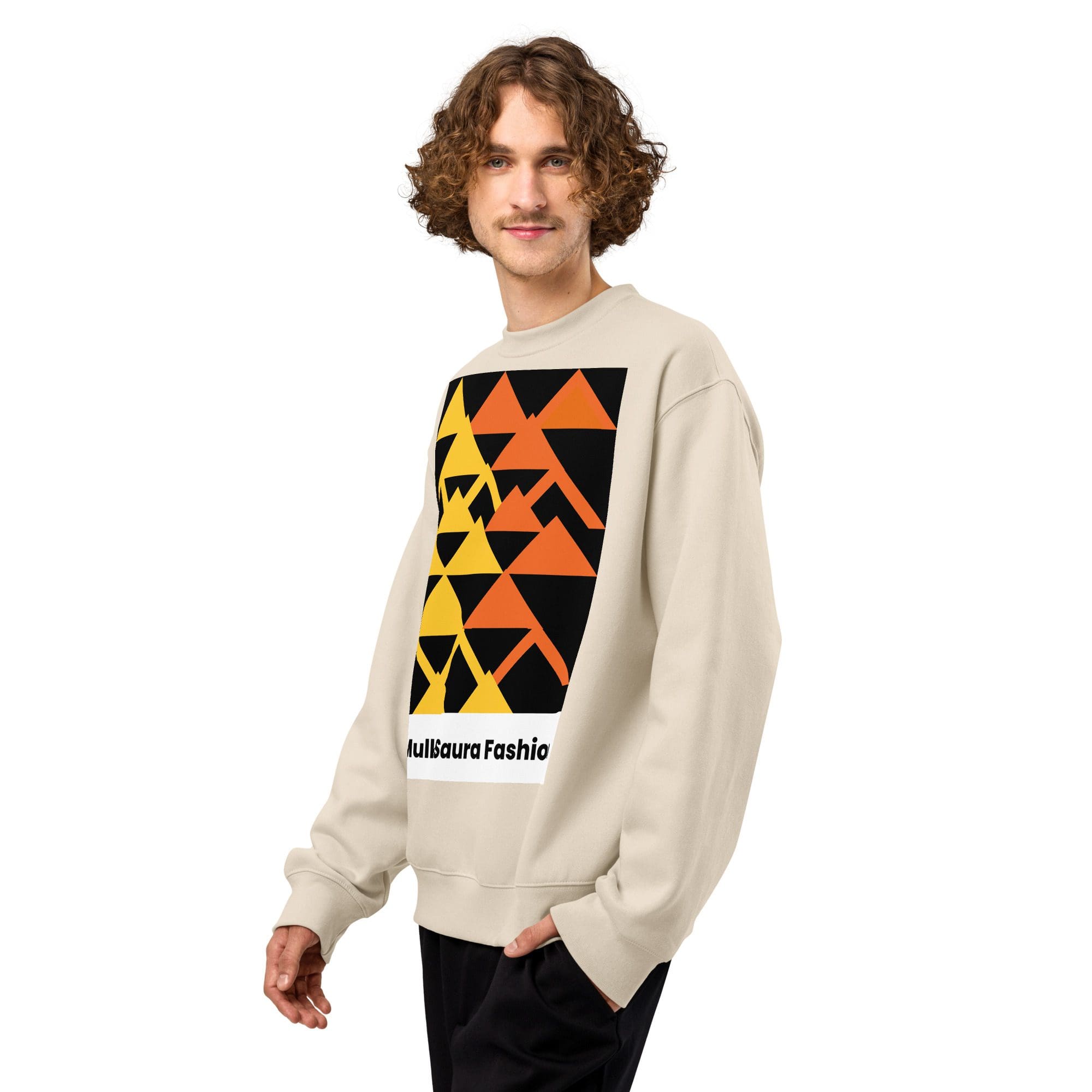 Man wearing geometric patterned beige sweater.