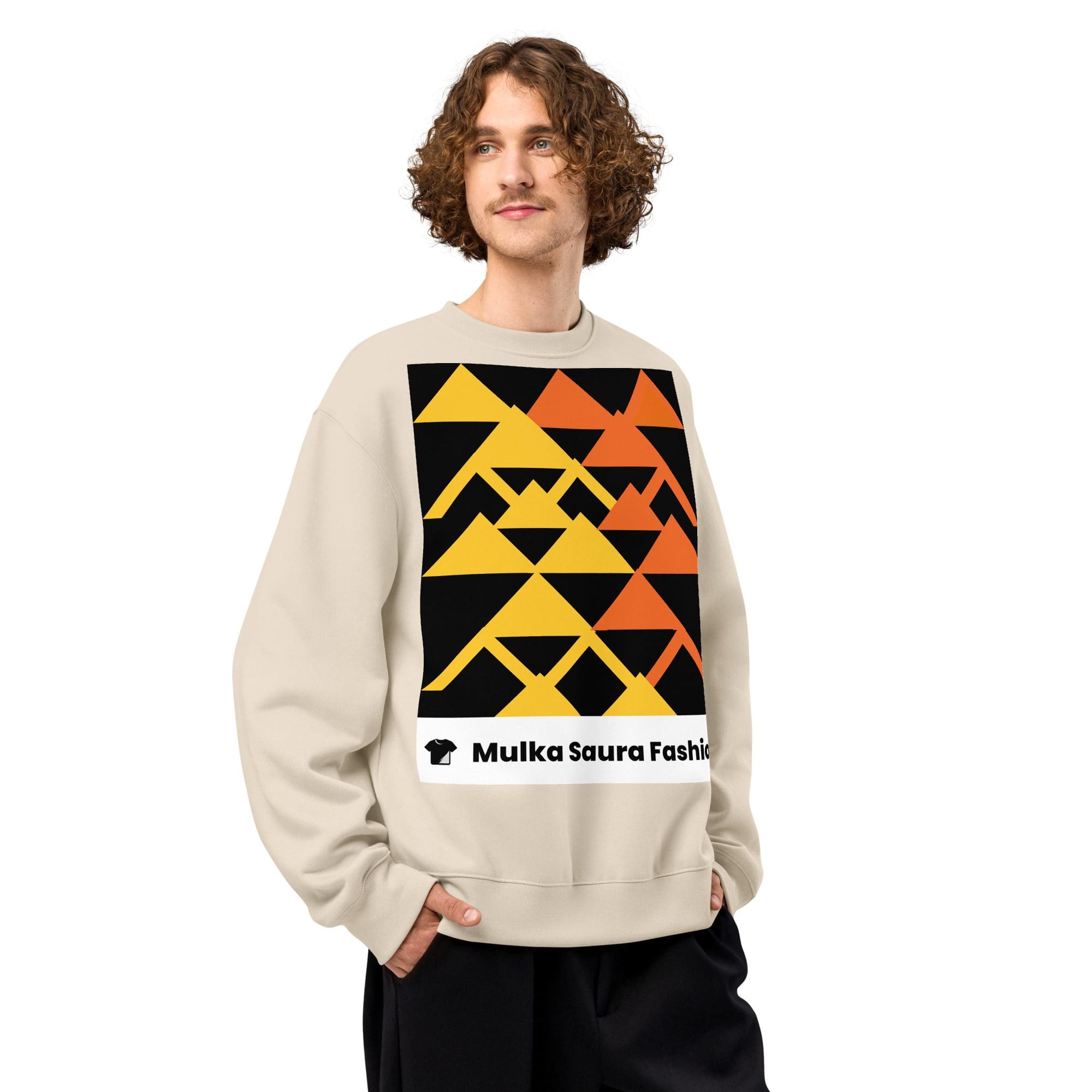 Man wearing geometric-patterned beige sweatshirt.