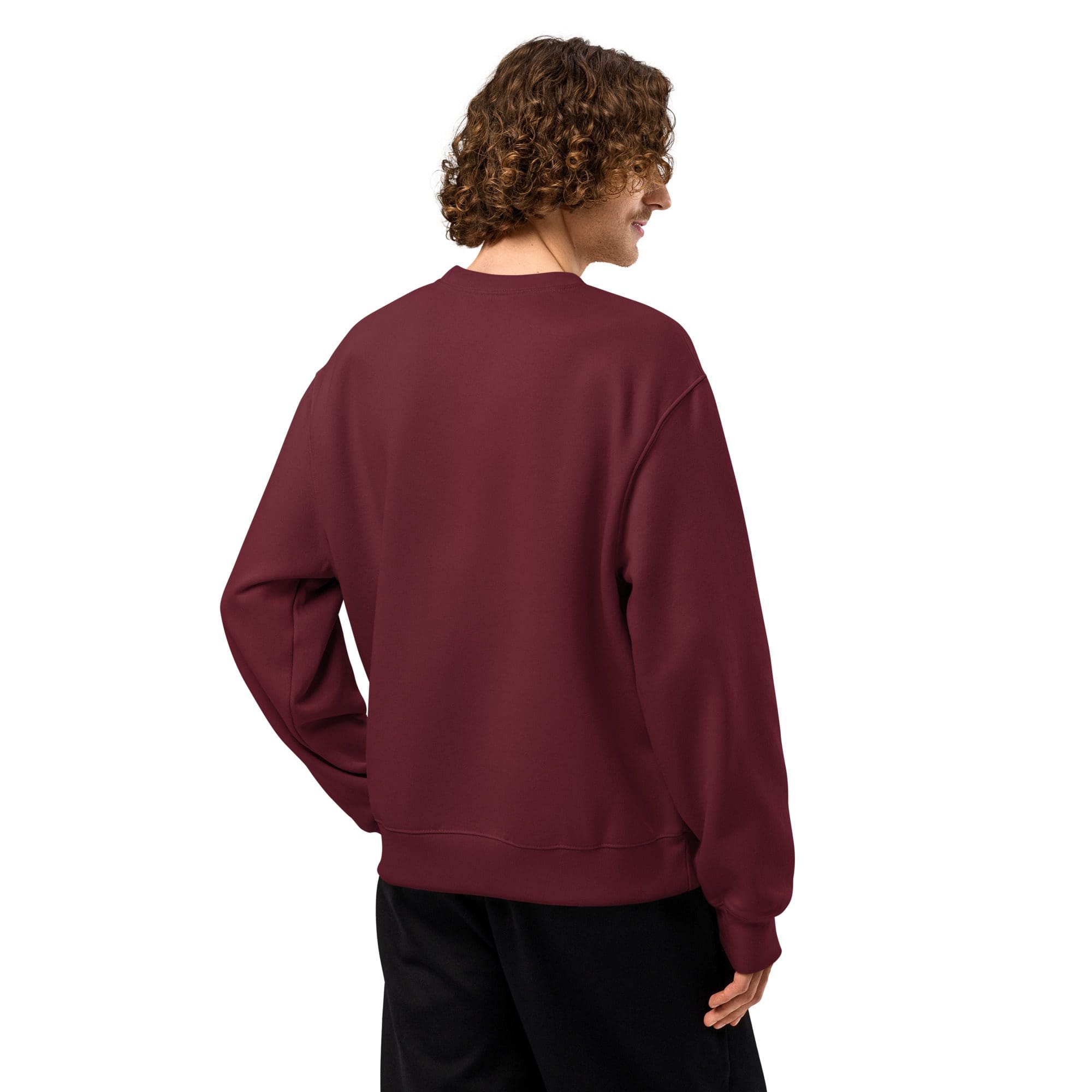 Man wearing maroon sweatshirt, facing away.