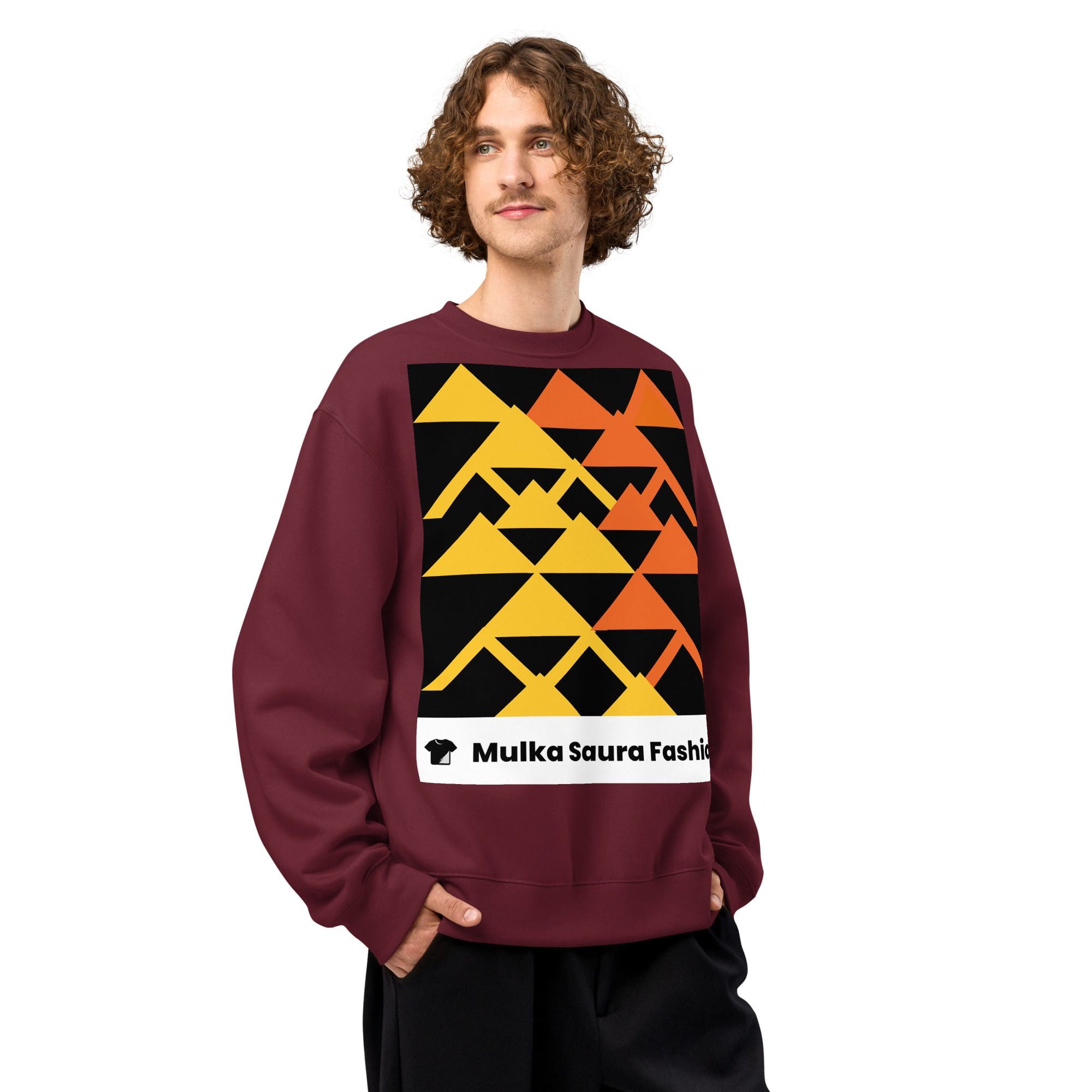 Man wearing geometric patterned maroon sweatshirt.