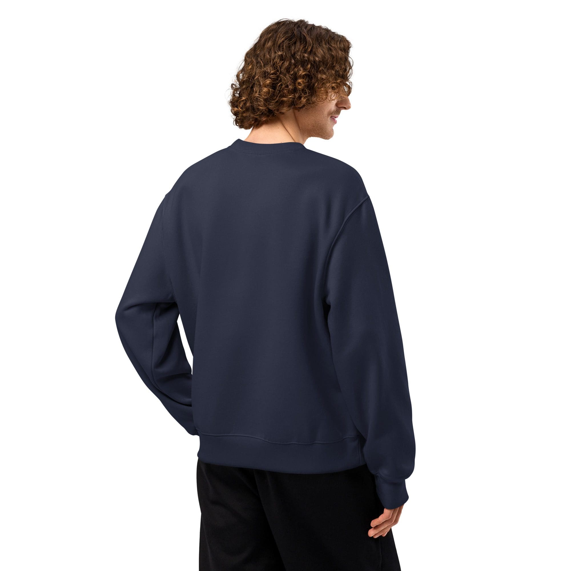 Person wearing a navy sweatshirt, back view.
