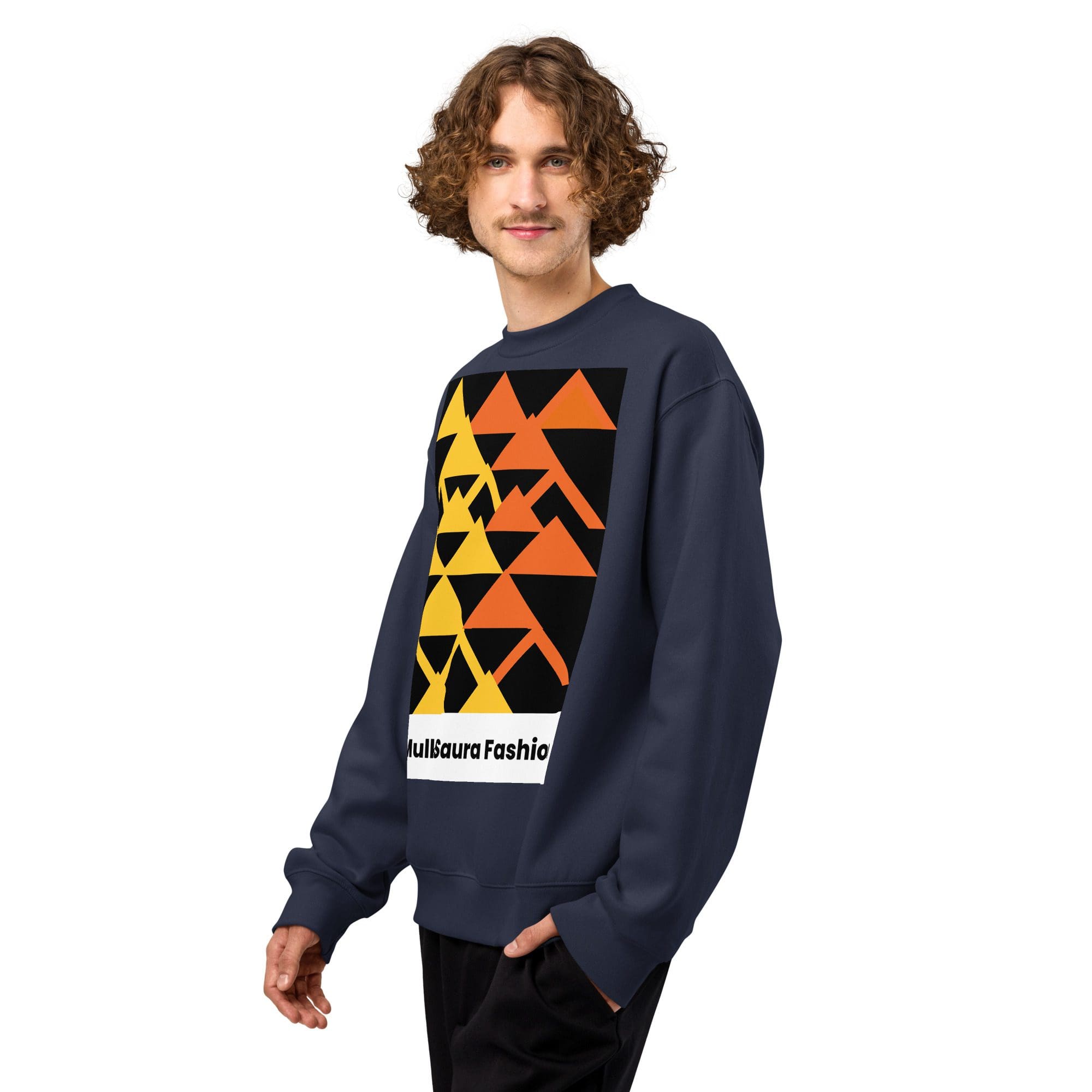 Man wearing geometric-patterned, dark sweatshirt.