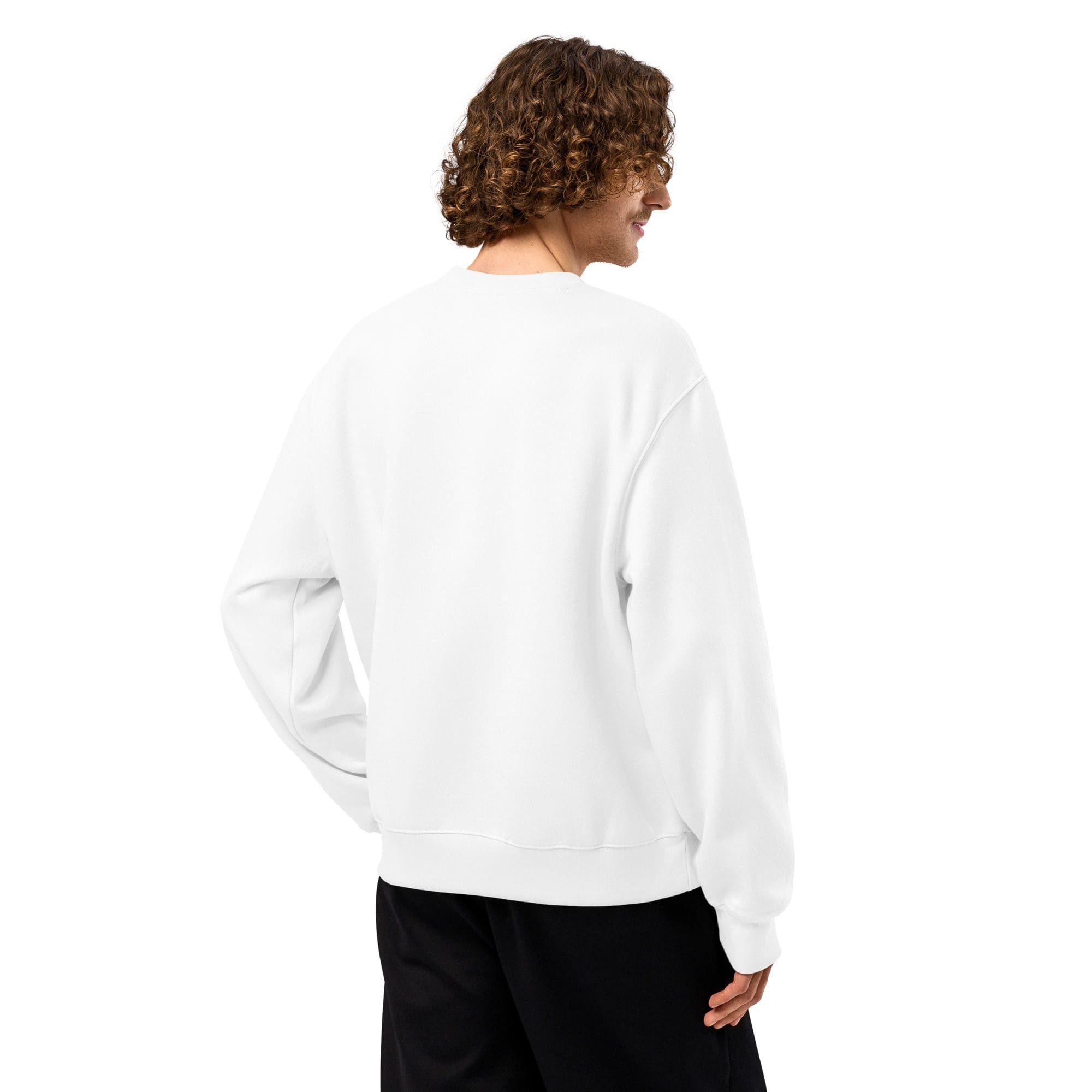 Person wearing white sweatshirt, facing away.