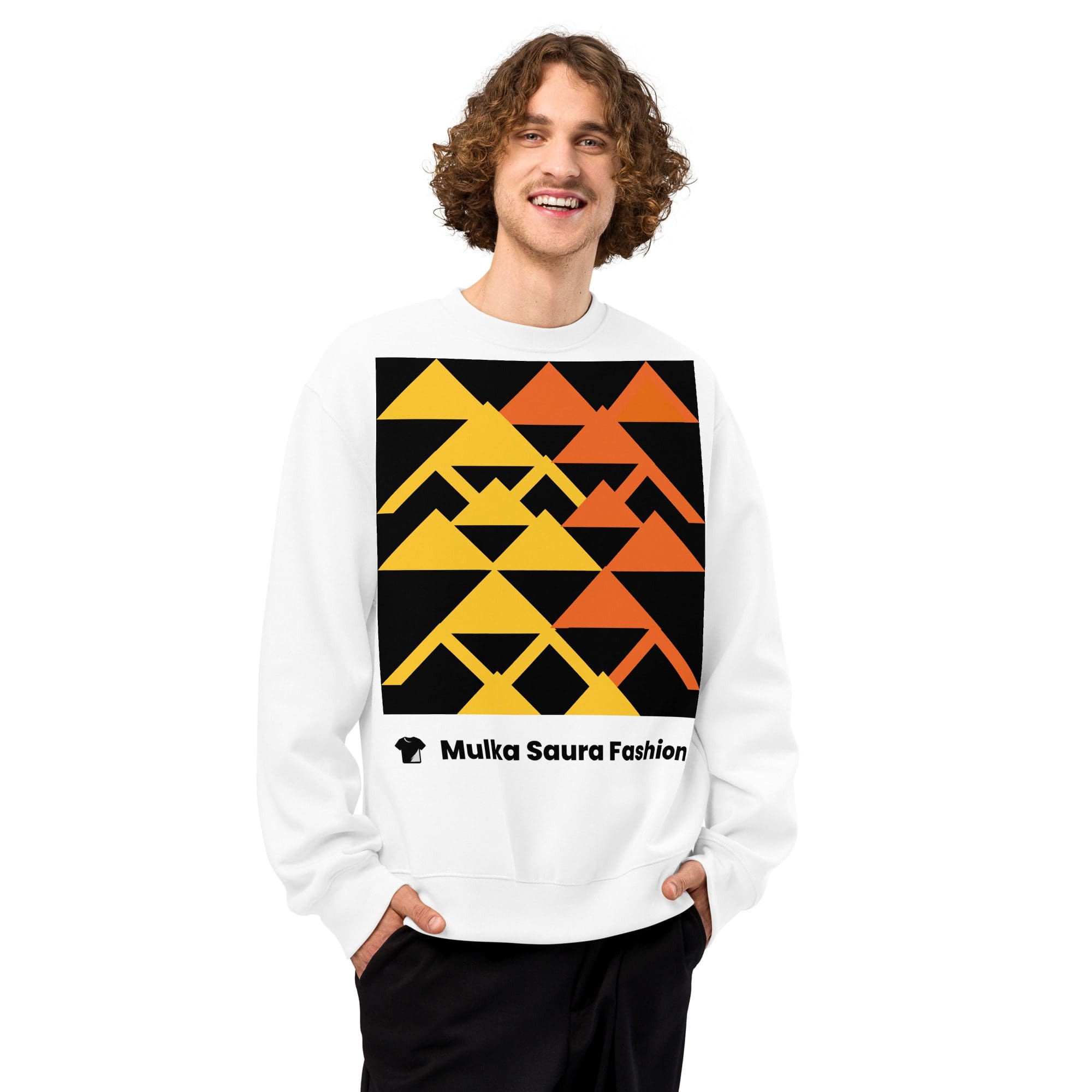 Smiling man in geometric yellow-orange graphic sweatshirt