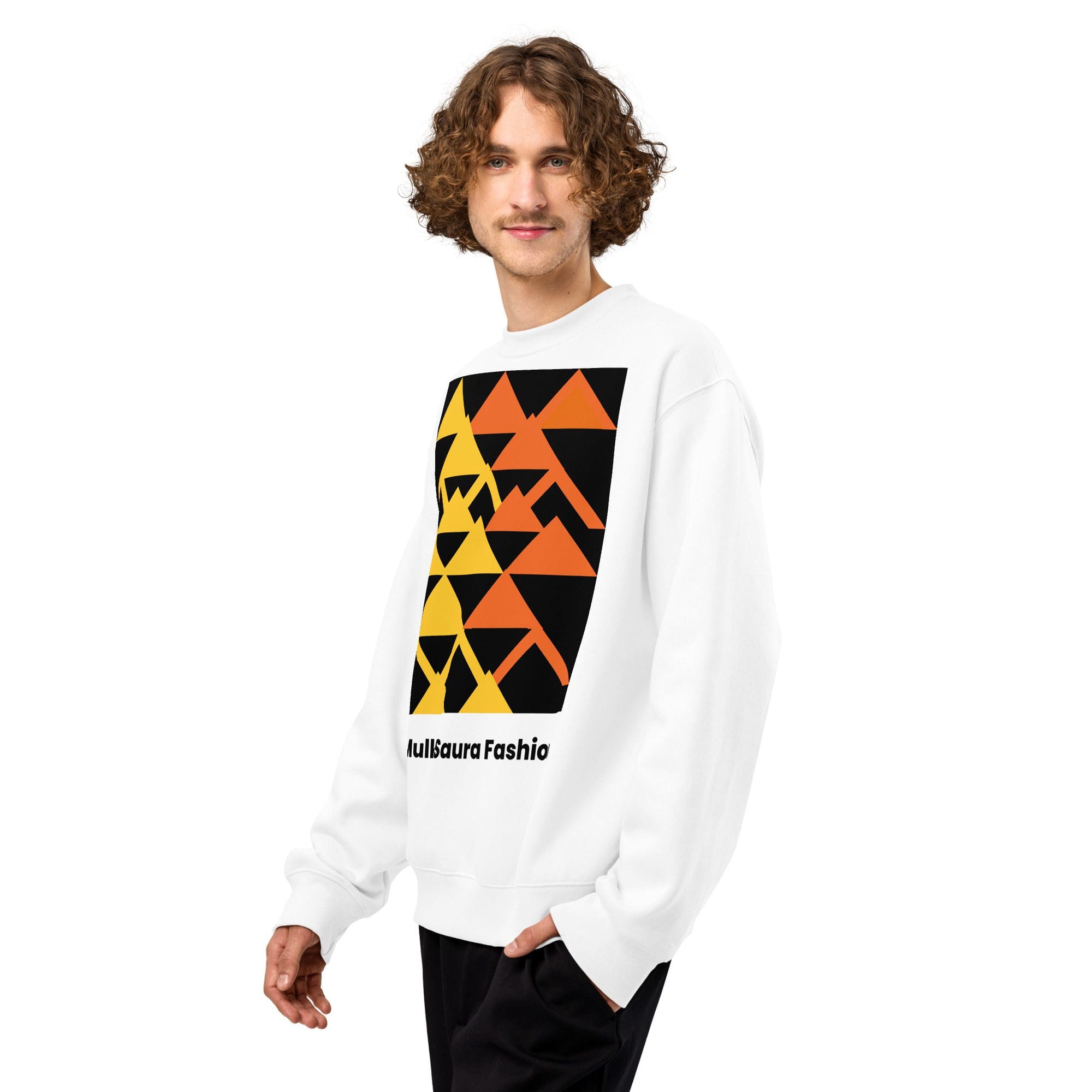 Man wearing geometric patterned white sweatshirt.