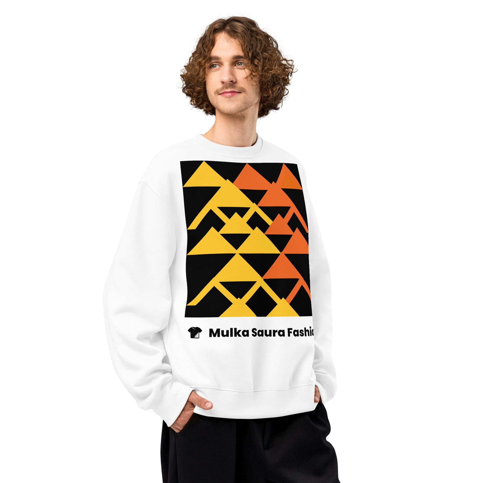 Man wearing geometric-patterned white sweatshirt.