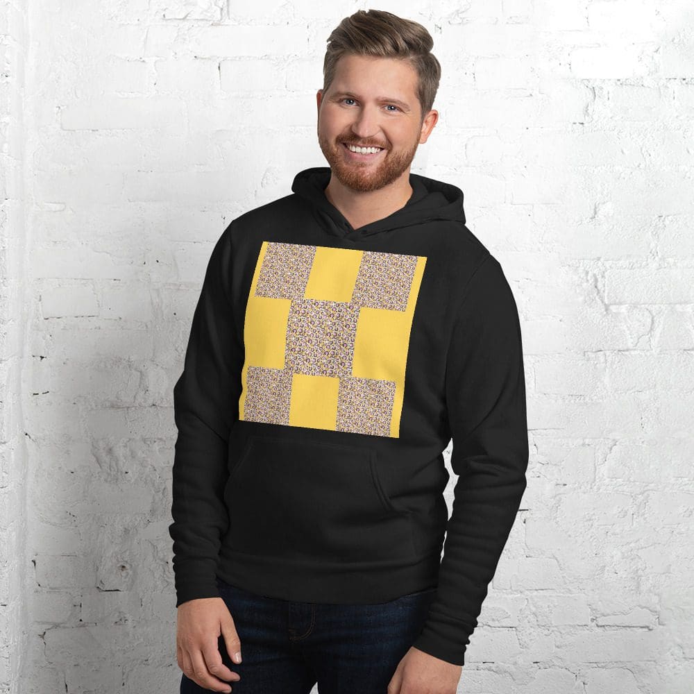 Man wearing black hoodie with yellow design.