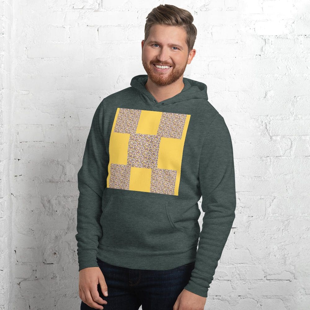 Man wearing a hoodie with geometric design.