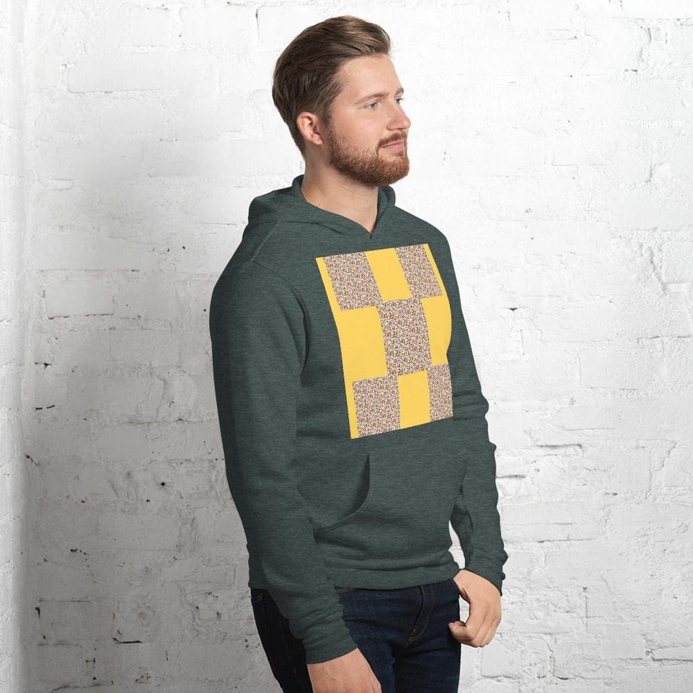 Man wearing hoodie with checkered design.