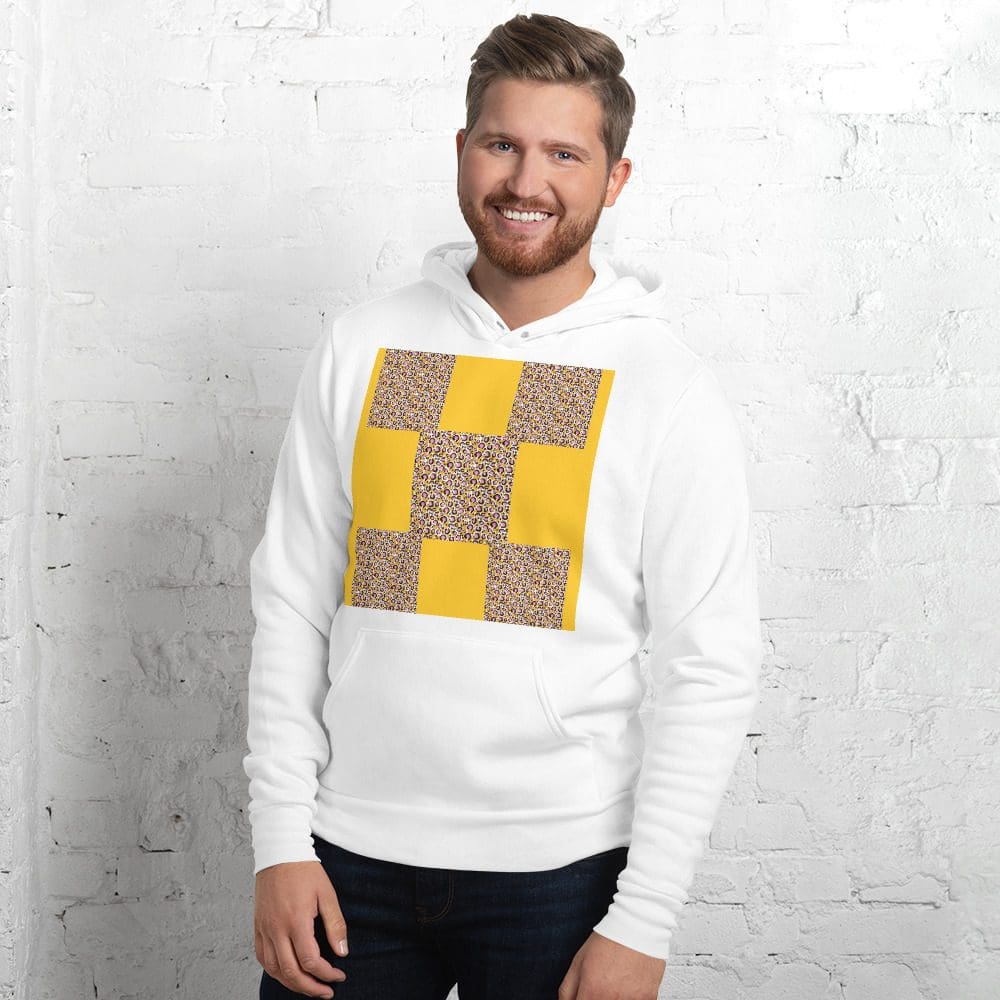 Man in white hoodie with patterned design.