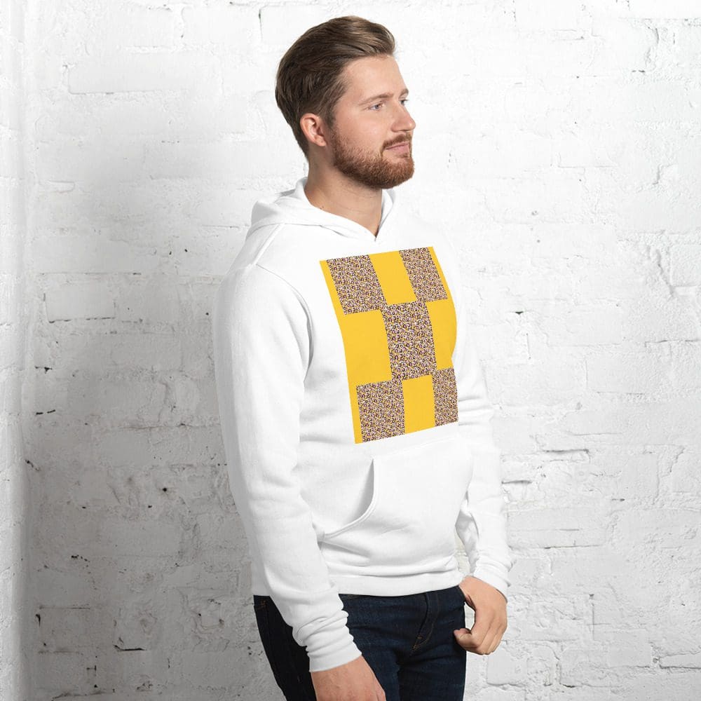 Man wearing hoodie with yellow checkered design.