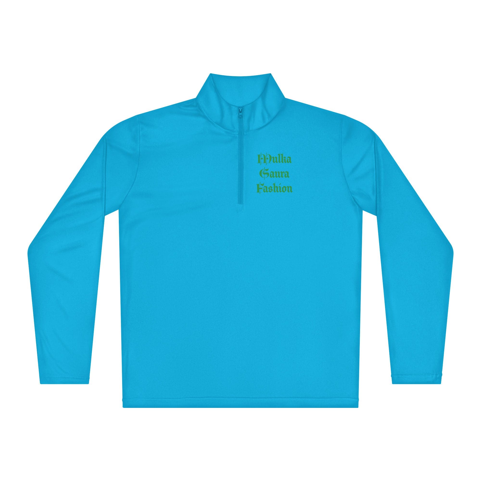 Blue long-sleeve shirt with logo text.