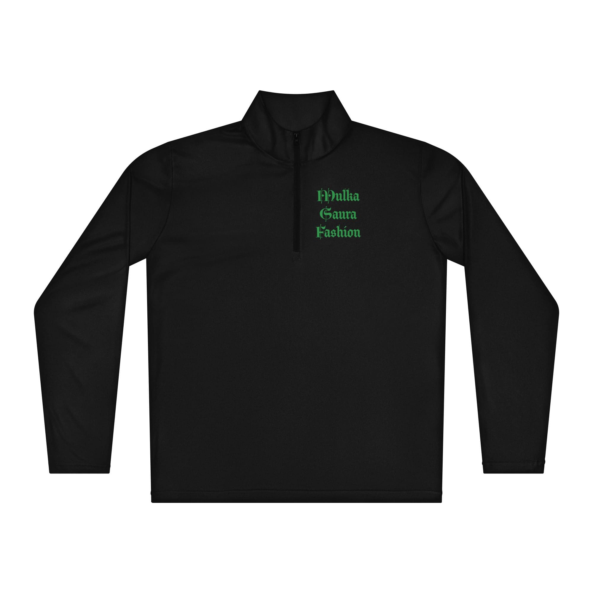 Black pullover with green text design.