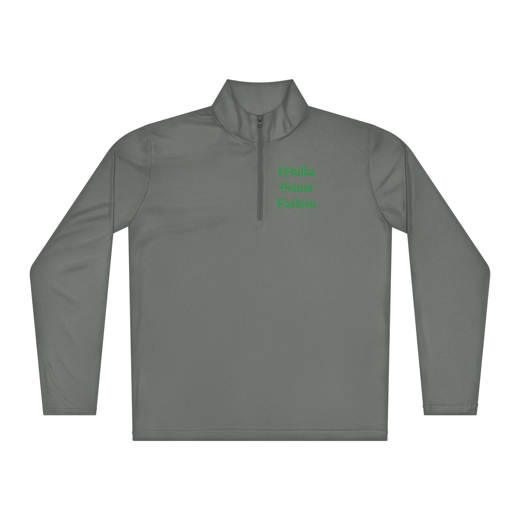 Gray quarter-zip pullover with green text.
