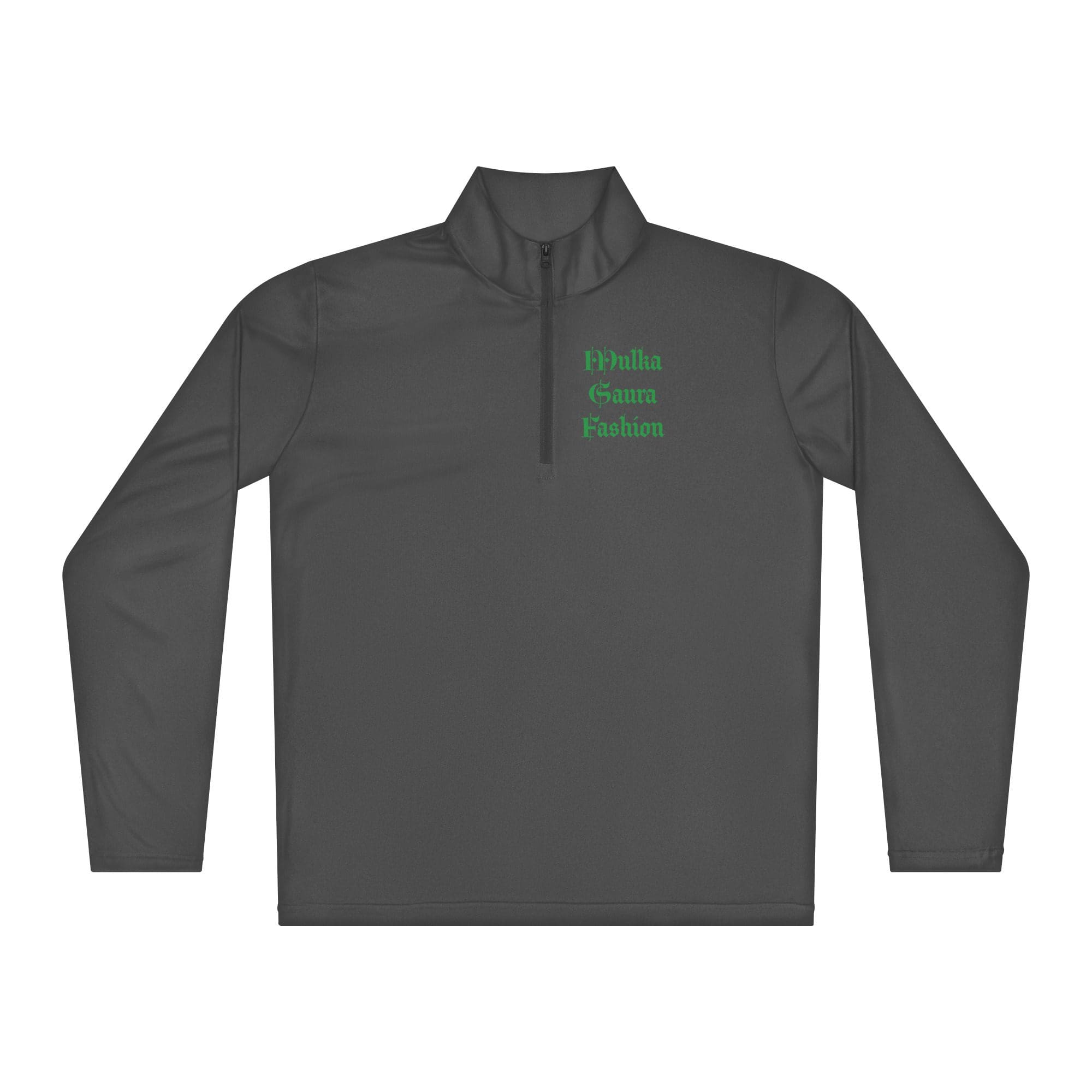 Dark gray quarter-zip pullover with green text.