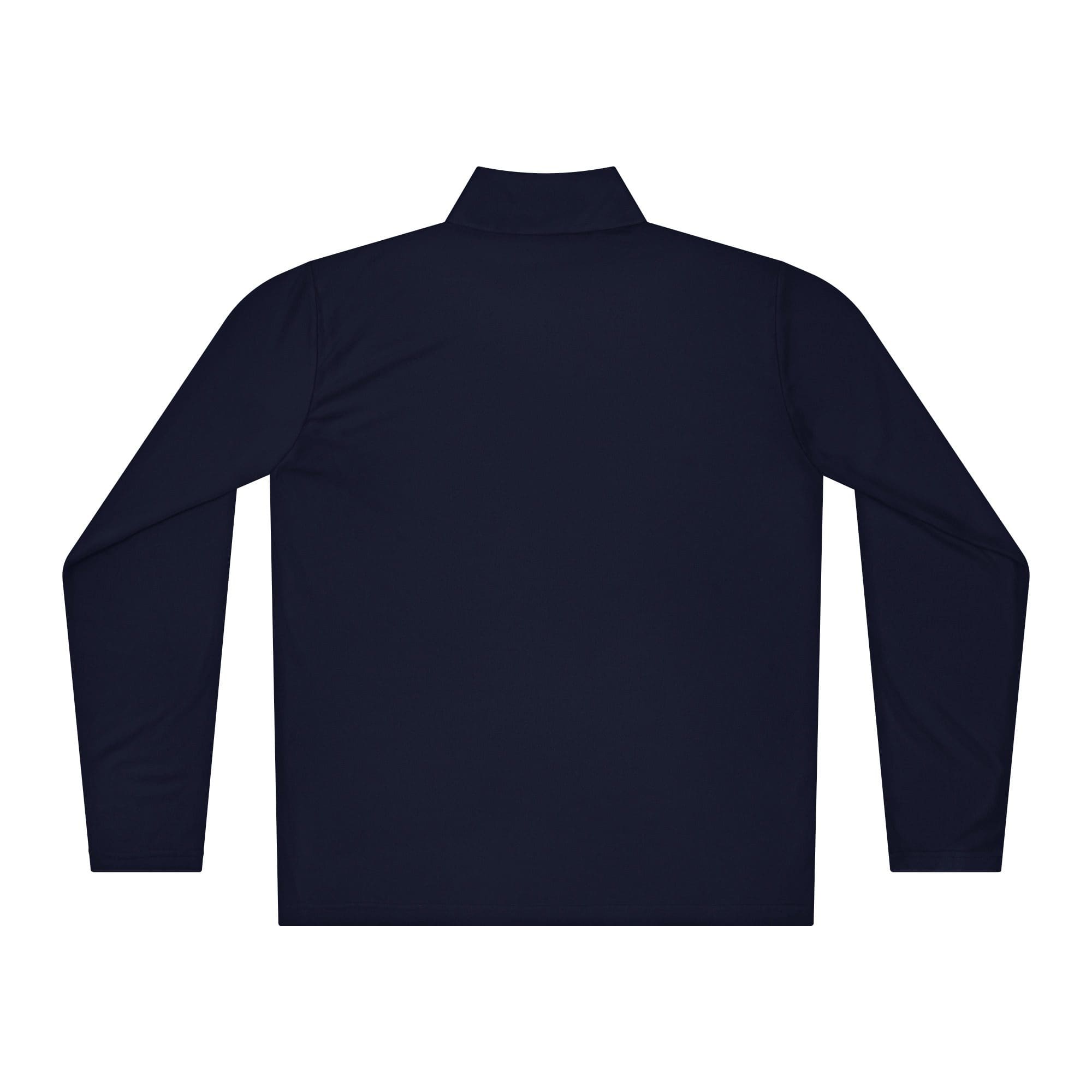 Back view of long-sleeve navy shirt.