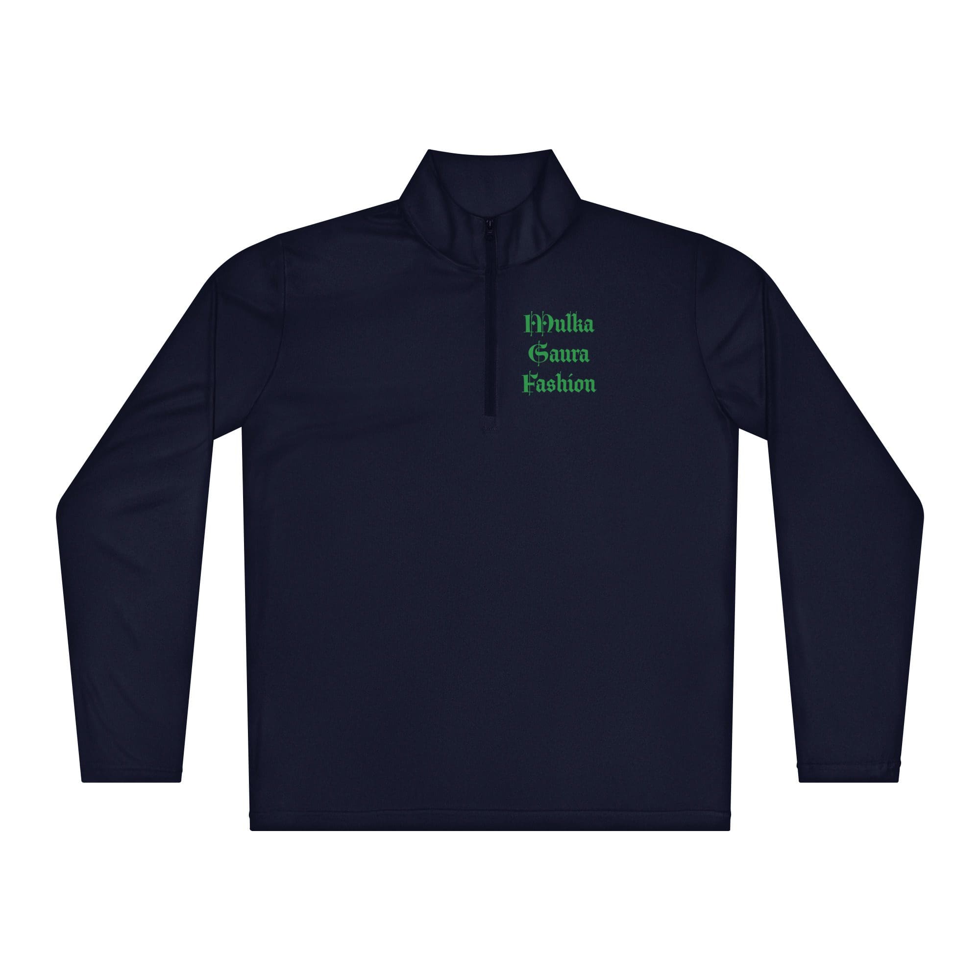 Navy quarter-zip pullover with green embroidered text