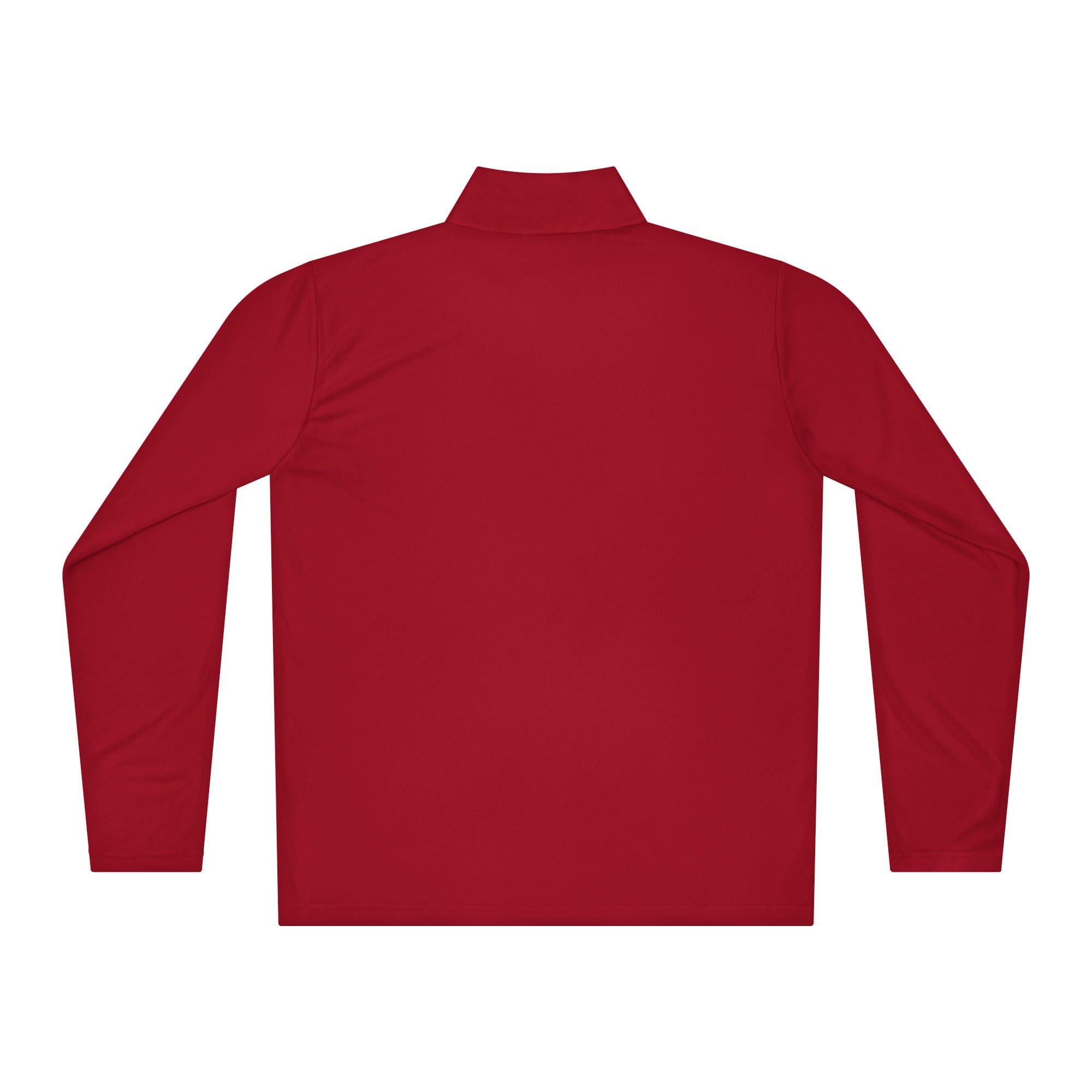 Back view of a red long-sleeve shirt.