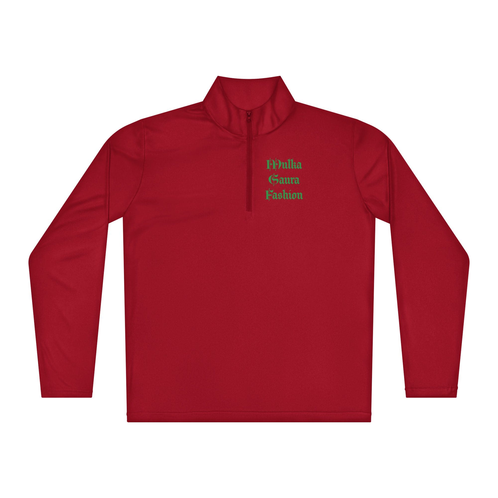 Red long-sleeve shirt with green text.