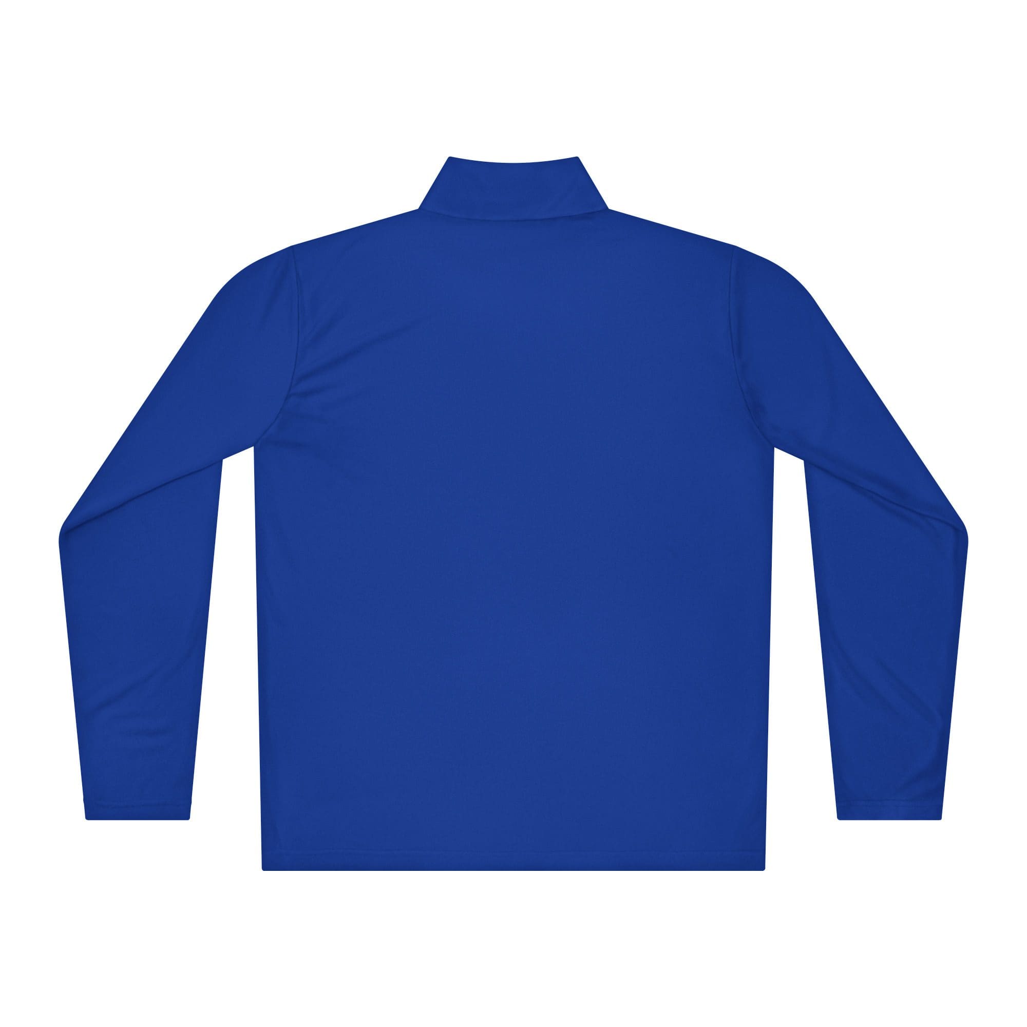 Blue long-sleeve shirt, back view.