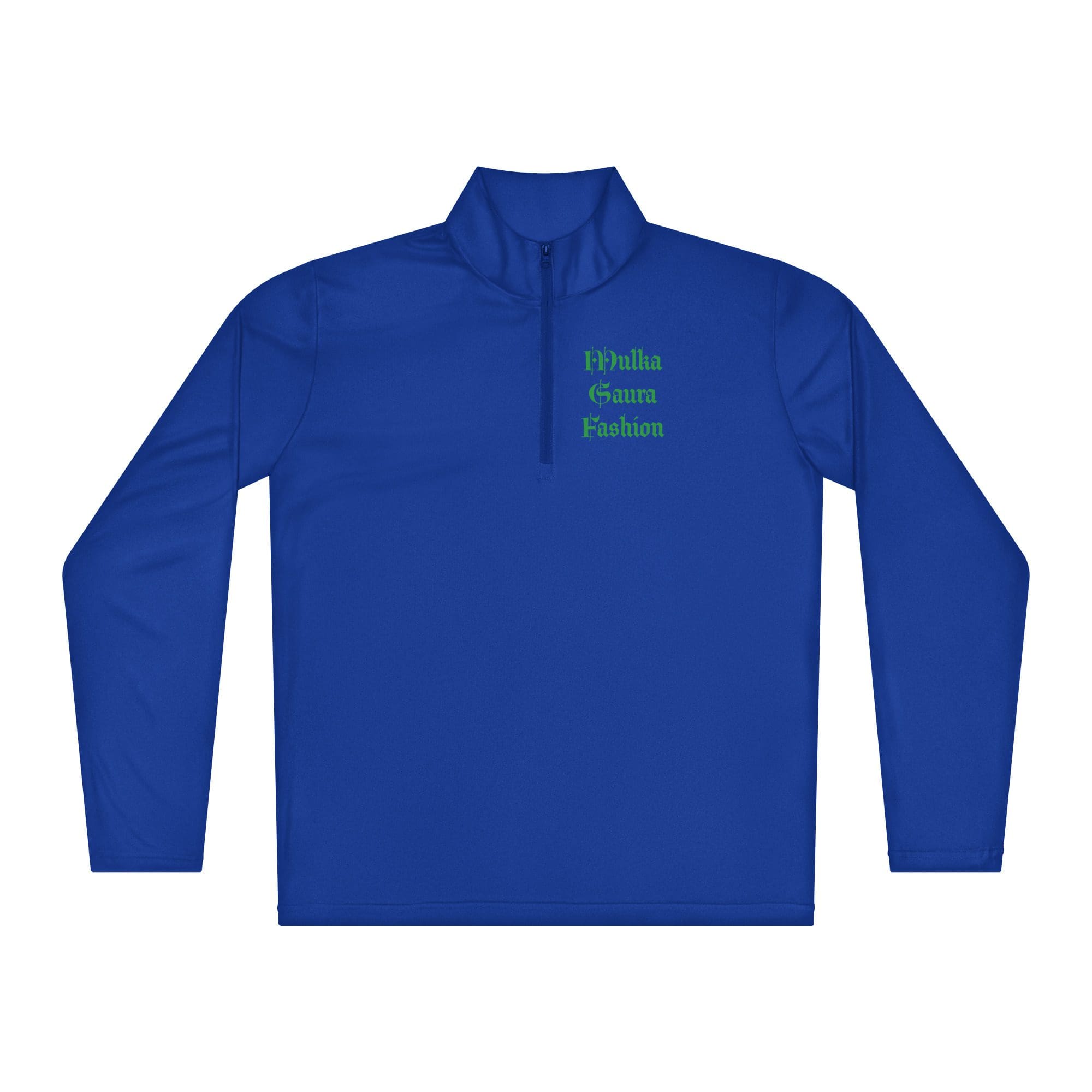Blue long-sleeve shirt with green text.