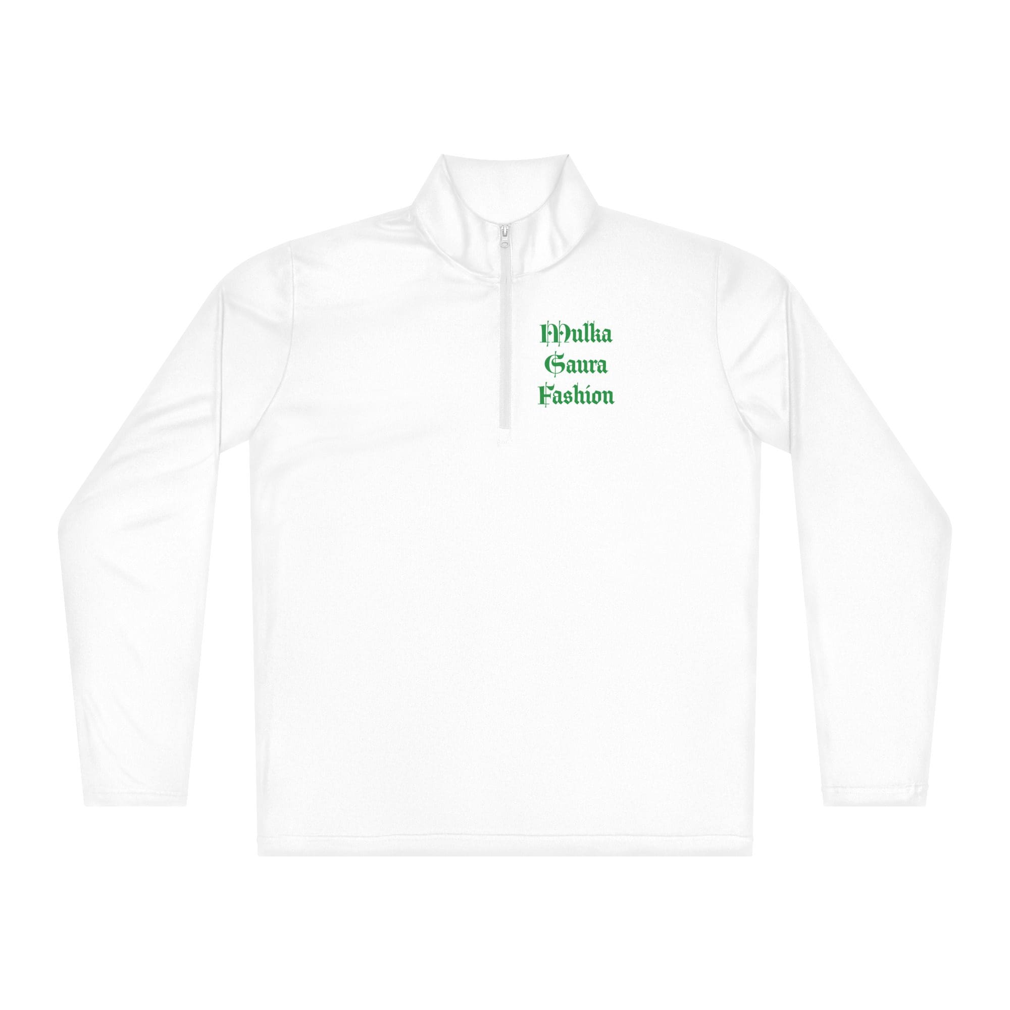 White pullover with green text design.